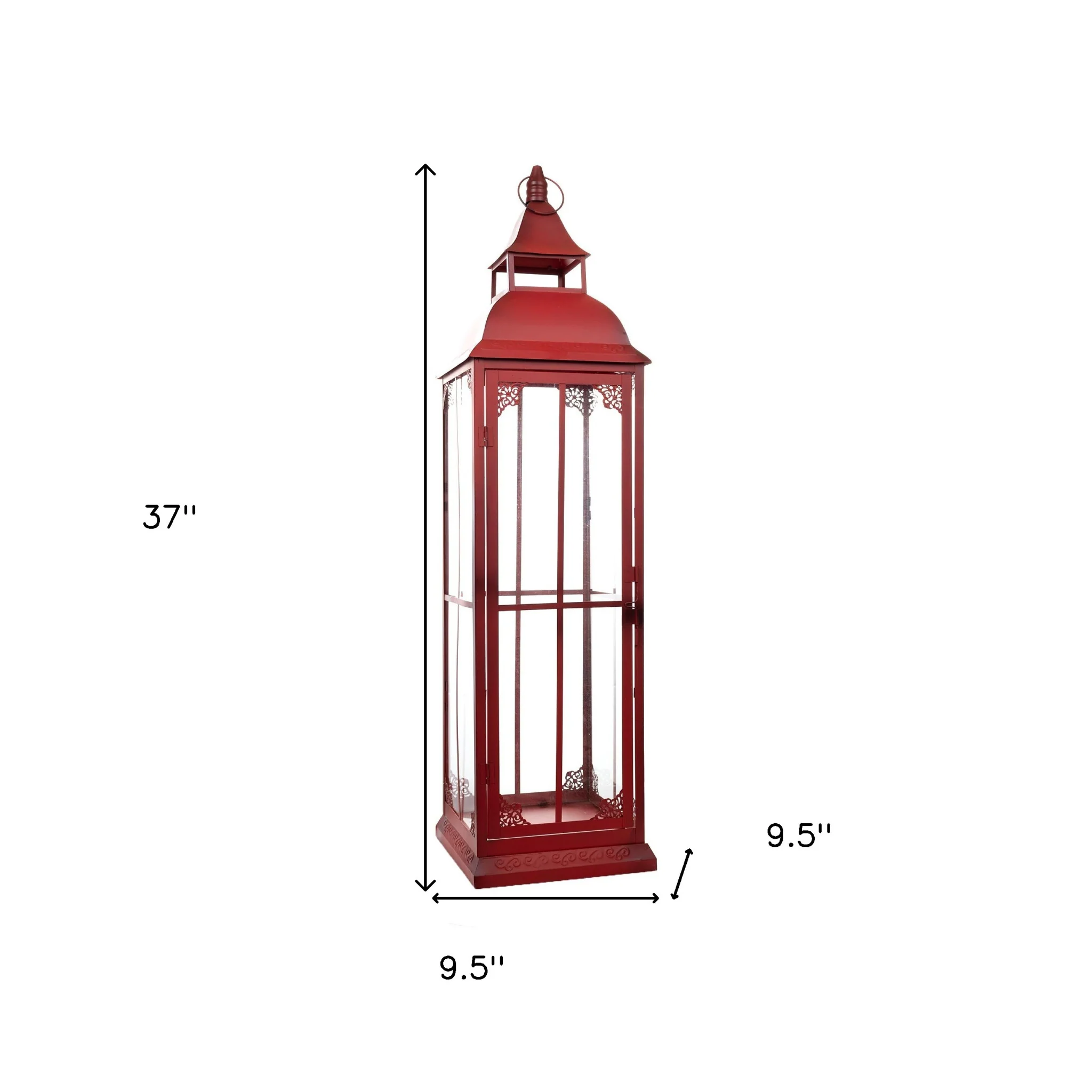 Set of Three Red Glass and Metal Ornate Floor Lantern Candle Holders By Homeroots - Image 6