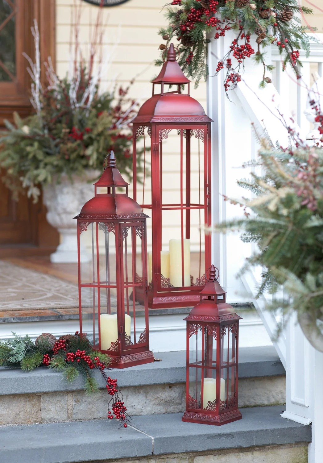Set of Three Red Glass and Metal Ornate Floor Lantern Candle Holders By Homeroots - Image 7