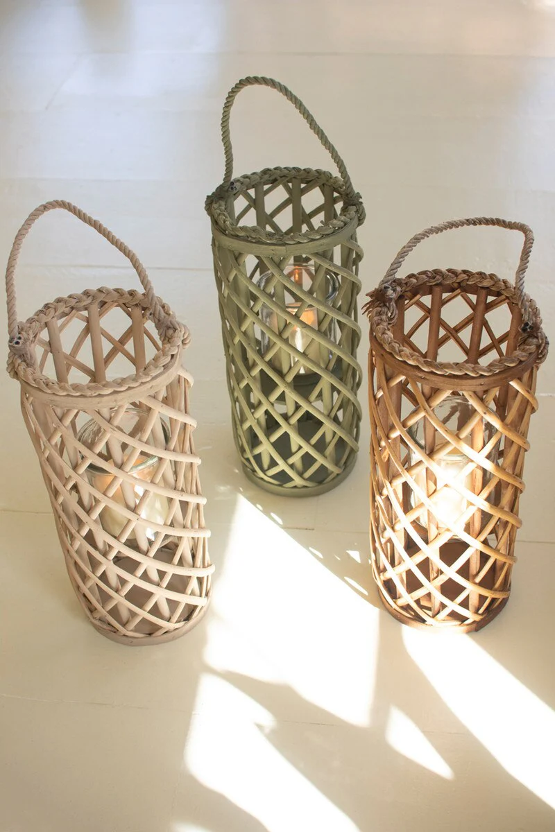 Set Of Three Short Willow Lanterns With Glass Inserts - One Each Color By Kalalou - Image 5