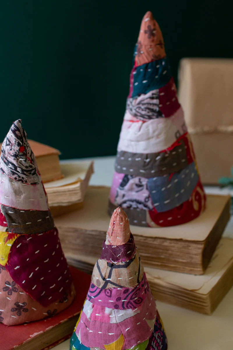 Set Of Three Small Kantha Christmas Topiaries By Kalalou - Image 3