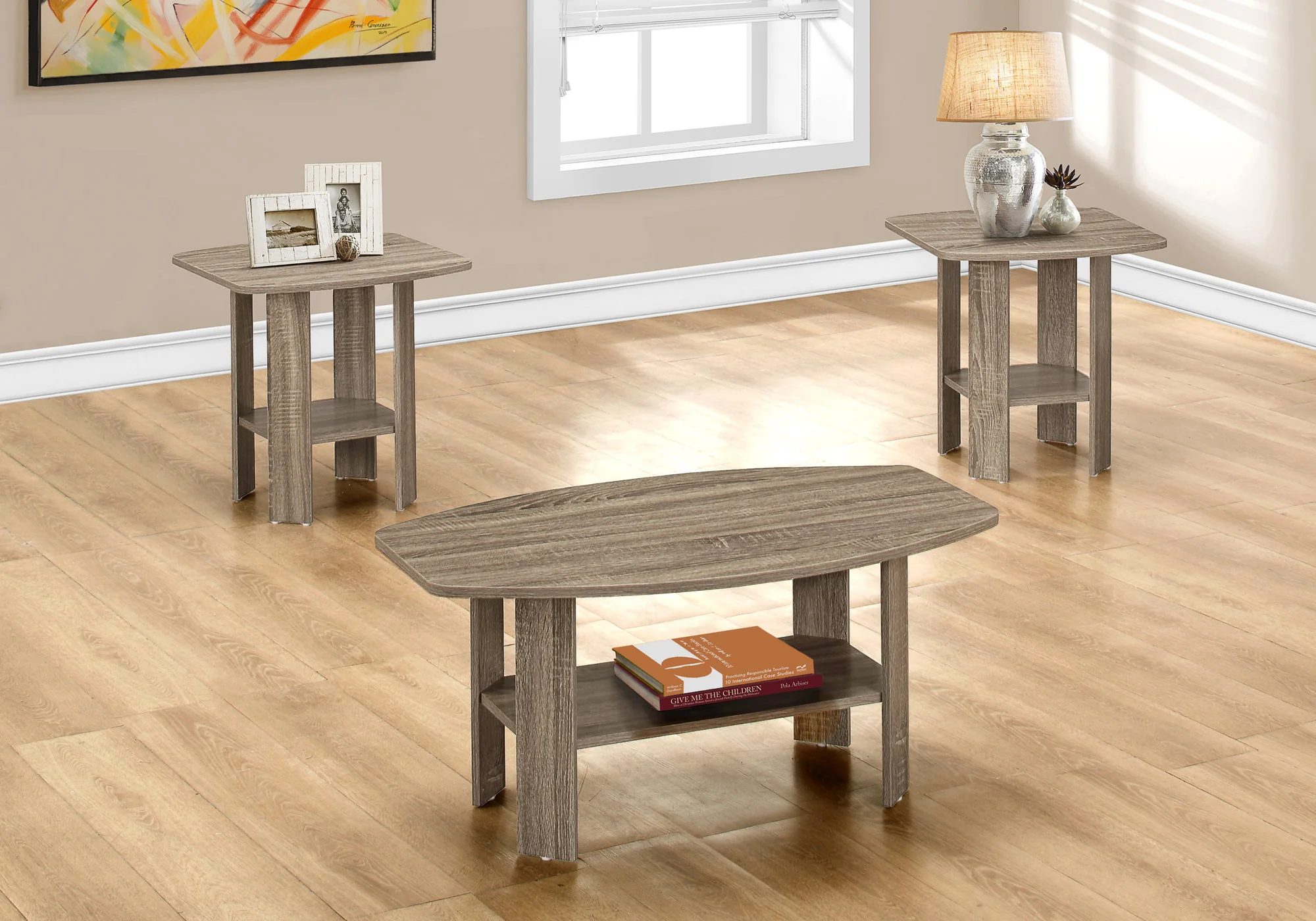 Set of Three Taupe Coffee Table With Shelf By Homeroots - Image 8