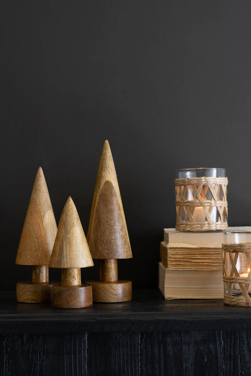 Set Of Three Turned Wooden Christmas Trees By Kalalou - Image 3