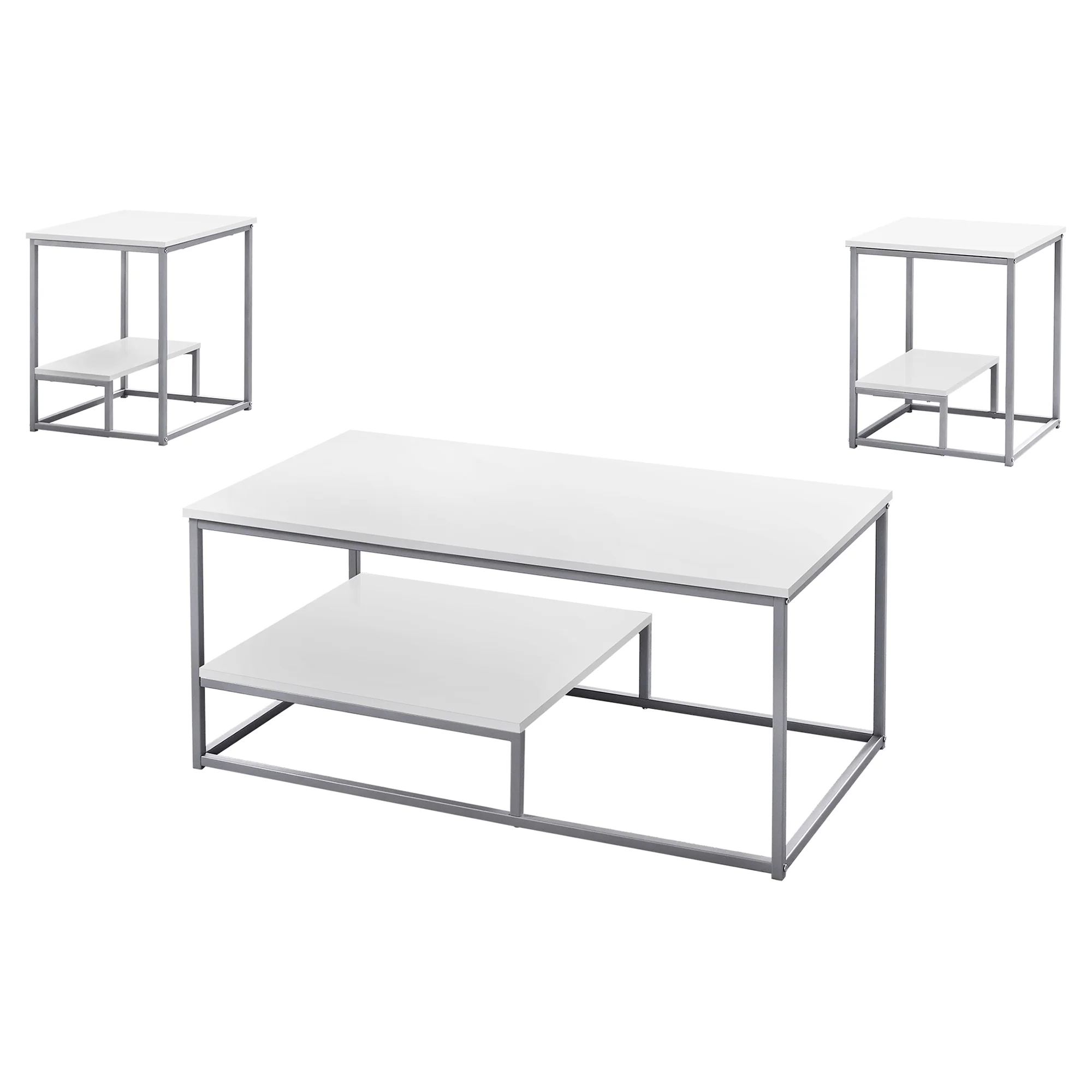 Set of Three White And Silver Metal Coffee Table With Shelf By Homeroots - Image 2