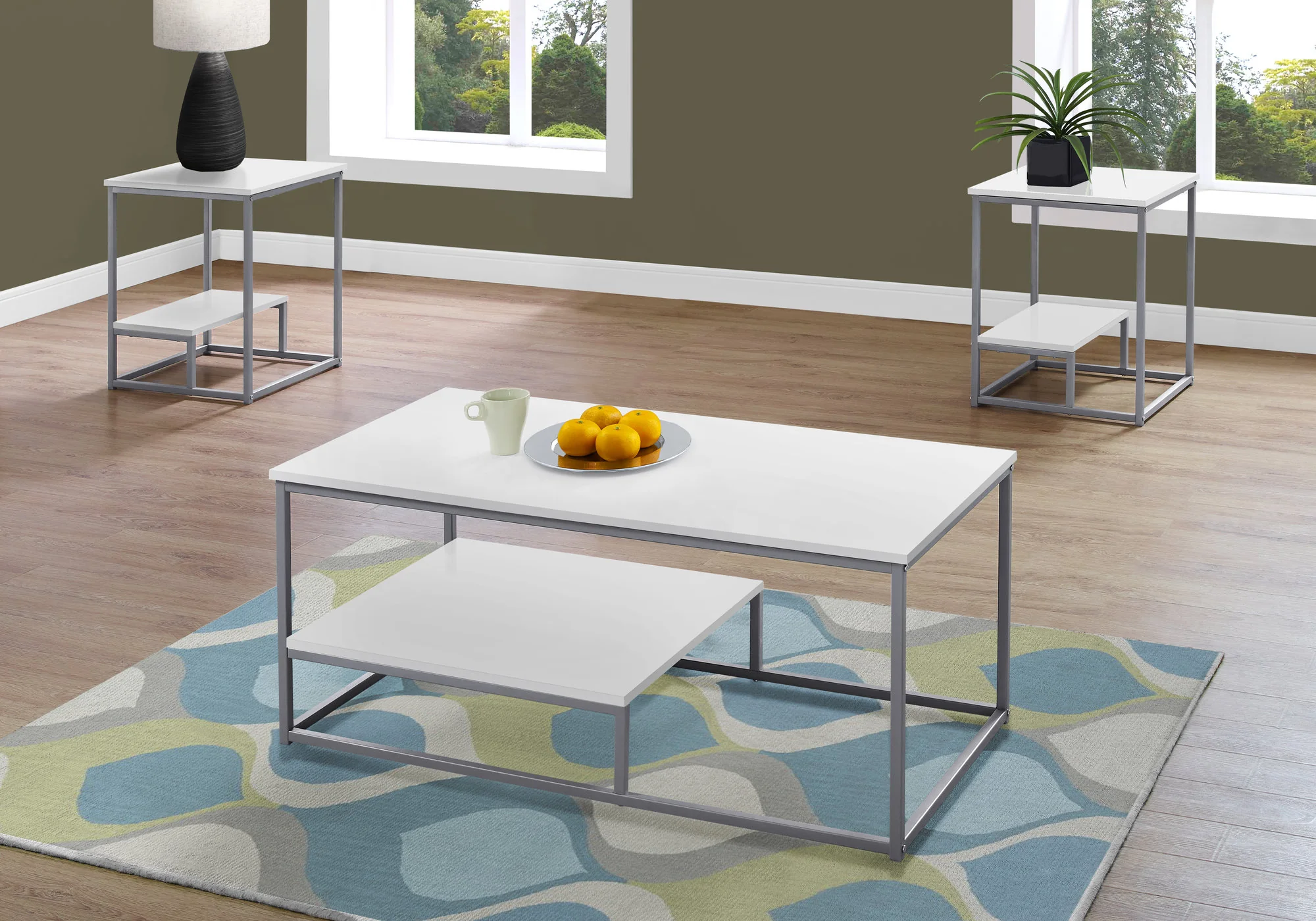 Set of Three White And Silver Metal Coffee Table With Shelf By Homeroots - Image 8