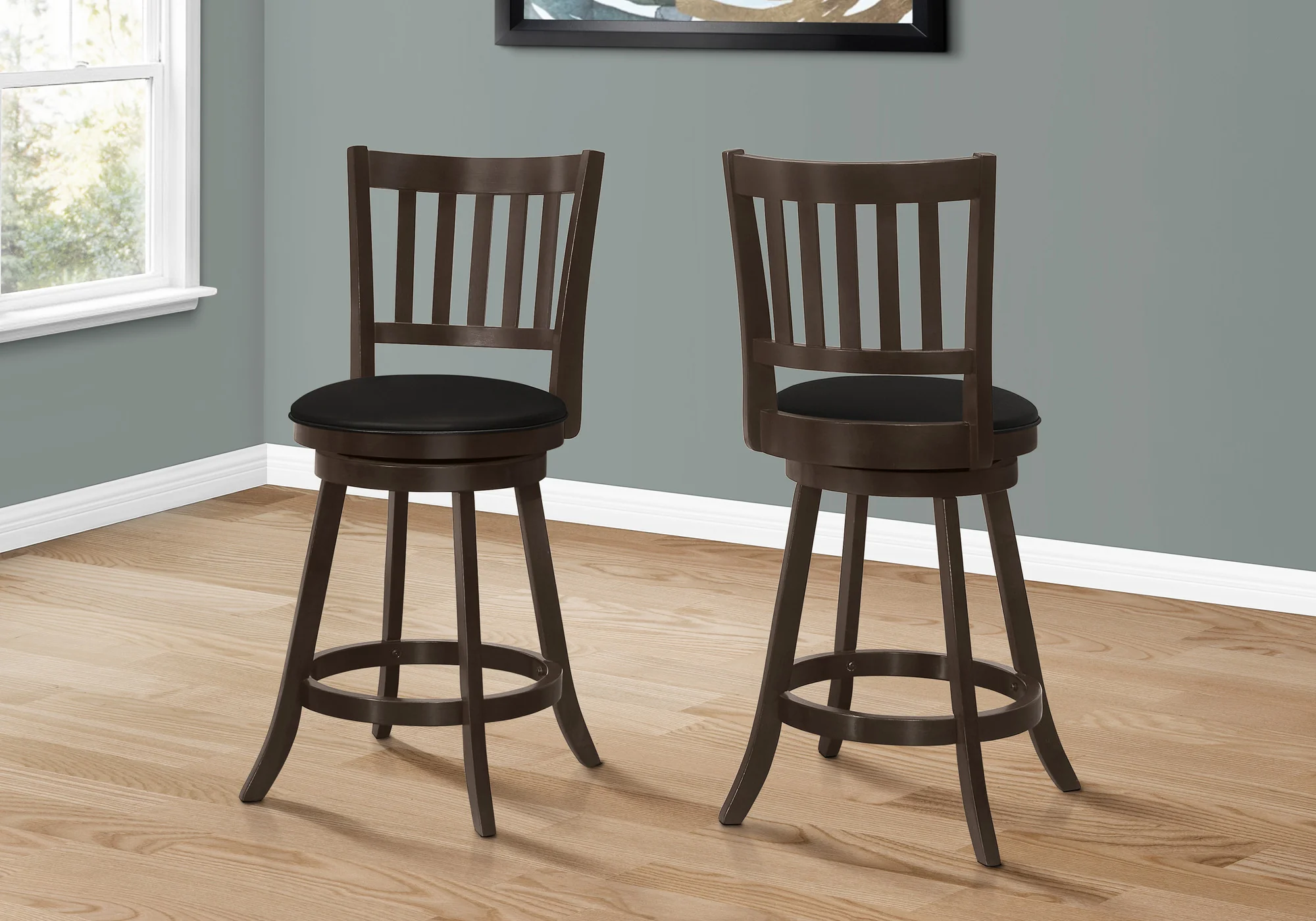 Set Of Two 23" Black And Espresso Faux Leather And Solid Wood Swivel Counter Height Bar Chairs With Footrest By Homeroots - Image 3