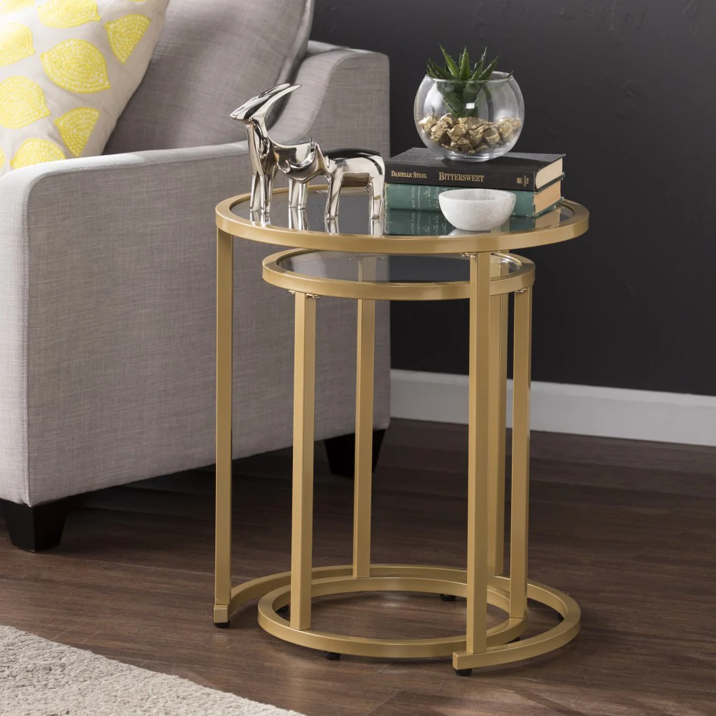Set Of Two 23" Gold Glass And Steel Round Nested Tables By Homeroots - Image 2