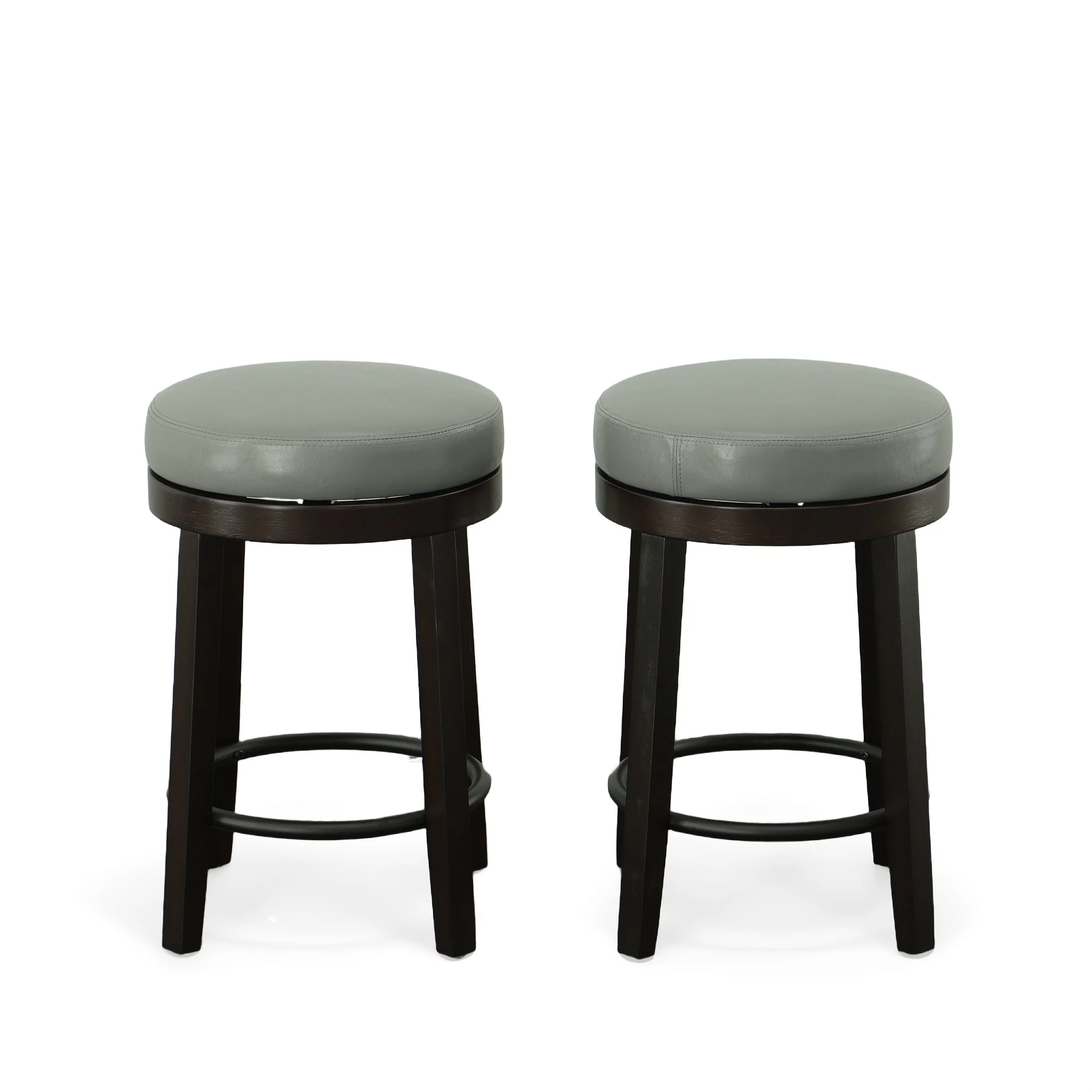 Set Of Two 24" Gray And Espresso Faux Leather And Solid Wood Swivel Backless Counter Height Bar Chairs With Footrest By Homeroots - Image 4