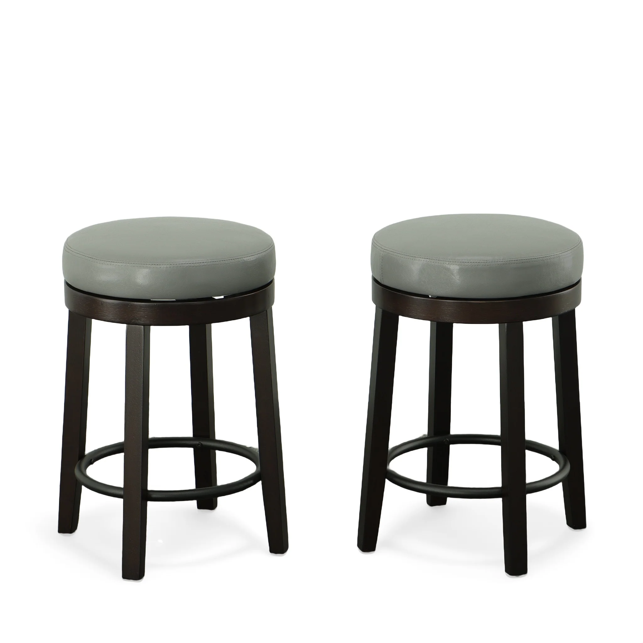 Set Of Two 24" Gray And Espresso Faux Leather And Solid Wood Swivel Backless Counter Height Bar Chairs With Footrest By Homeroots - Image 5