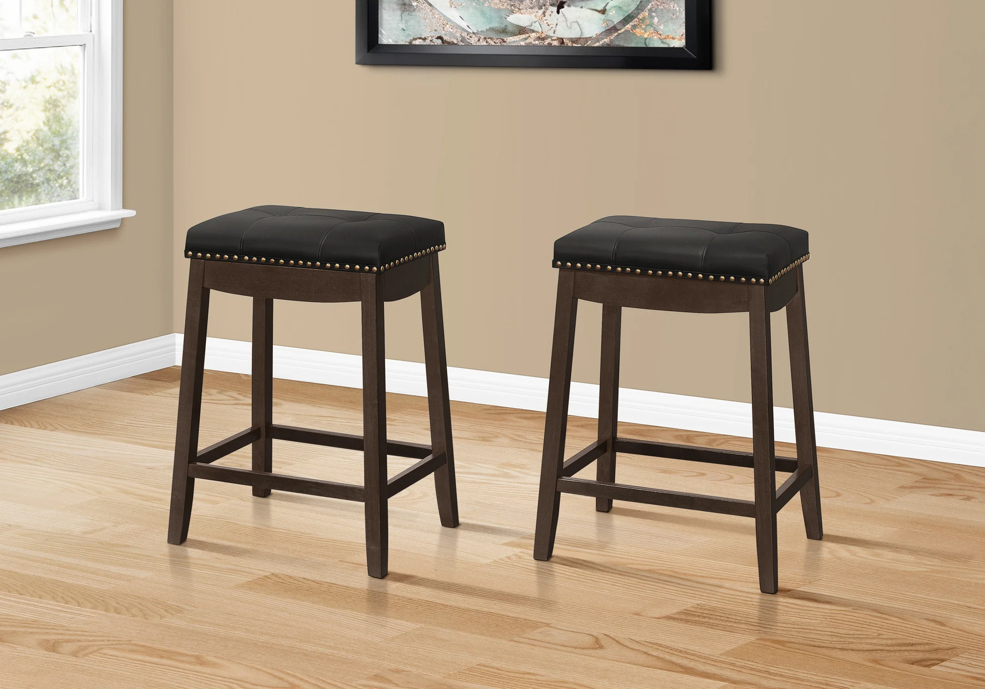 Set Of Two 25" Black And Espresso Faux Leather And Solid Wood Backless Counter Height Bar Chairs With Footrest By Homeroots - Image 3