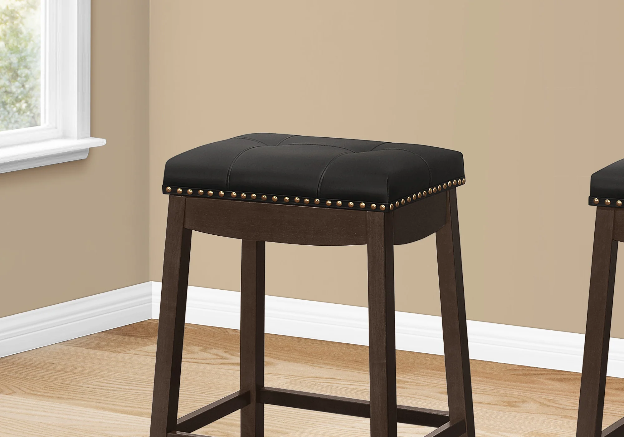 Set Of Two 25" Black And Espresso Faux Leather And Solid Wood Backless Counter Height Bar Chairs With Footrest By Homeroots - Image 4
