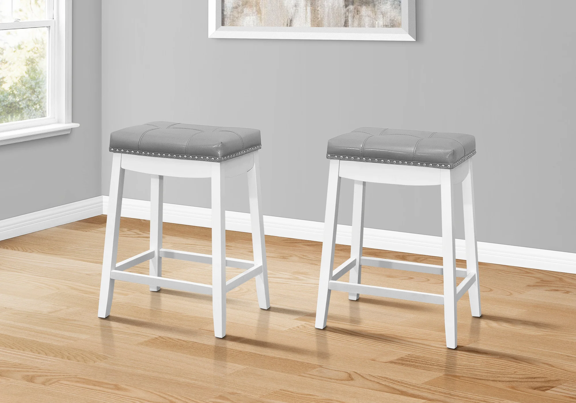 Set Of Two 25" Gray And White Faux Leather And Solid Wood Backless Counter Height Bar Chairs With Footrest By Homeroots - Image 3