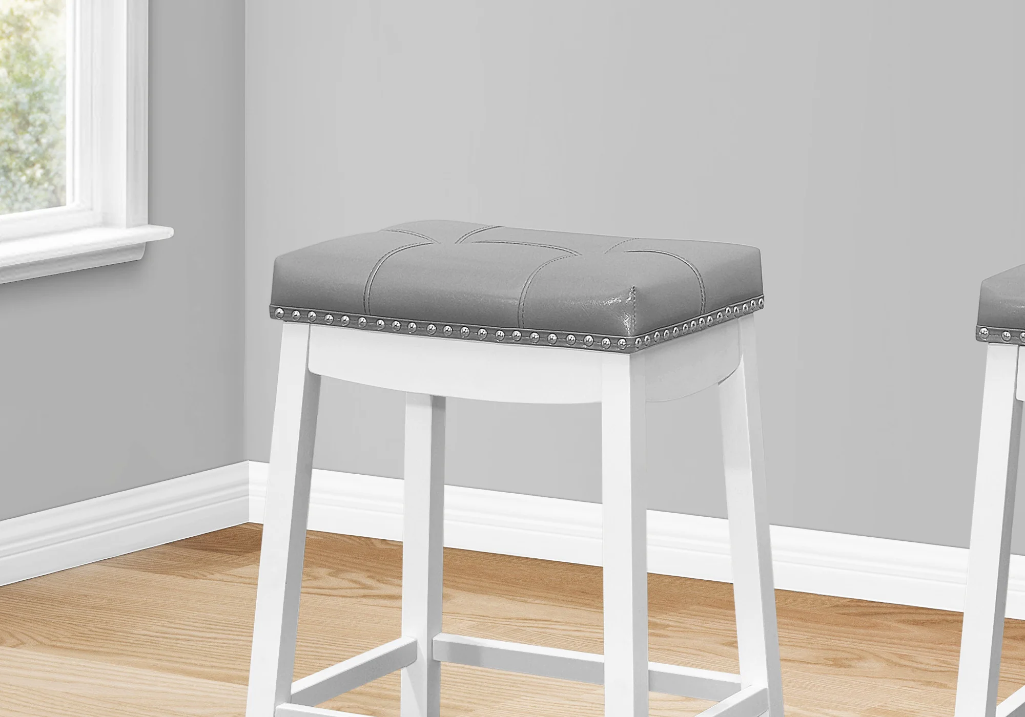 Set Of Two 25" Gray And White Faux Leather And Solid Wood Backless Counter Height Bar Chairs With Footrest By Homeroots - Image 4