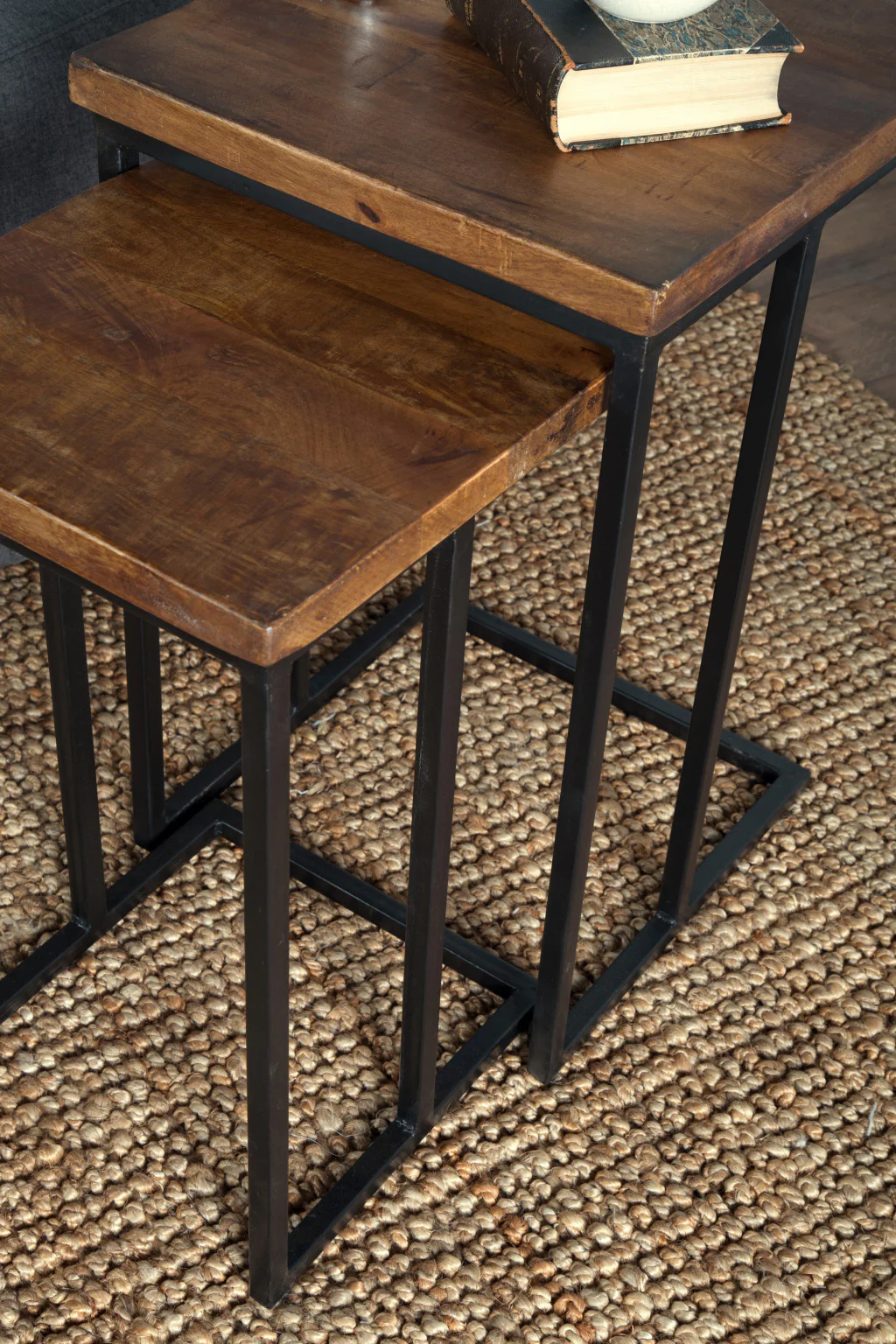 Set of Two 26" Black and Mahogany Solid Wood Nested Tables By Homeroots - Image 4