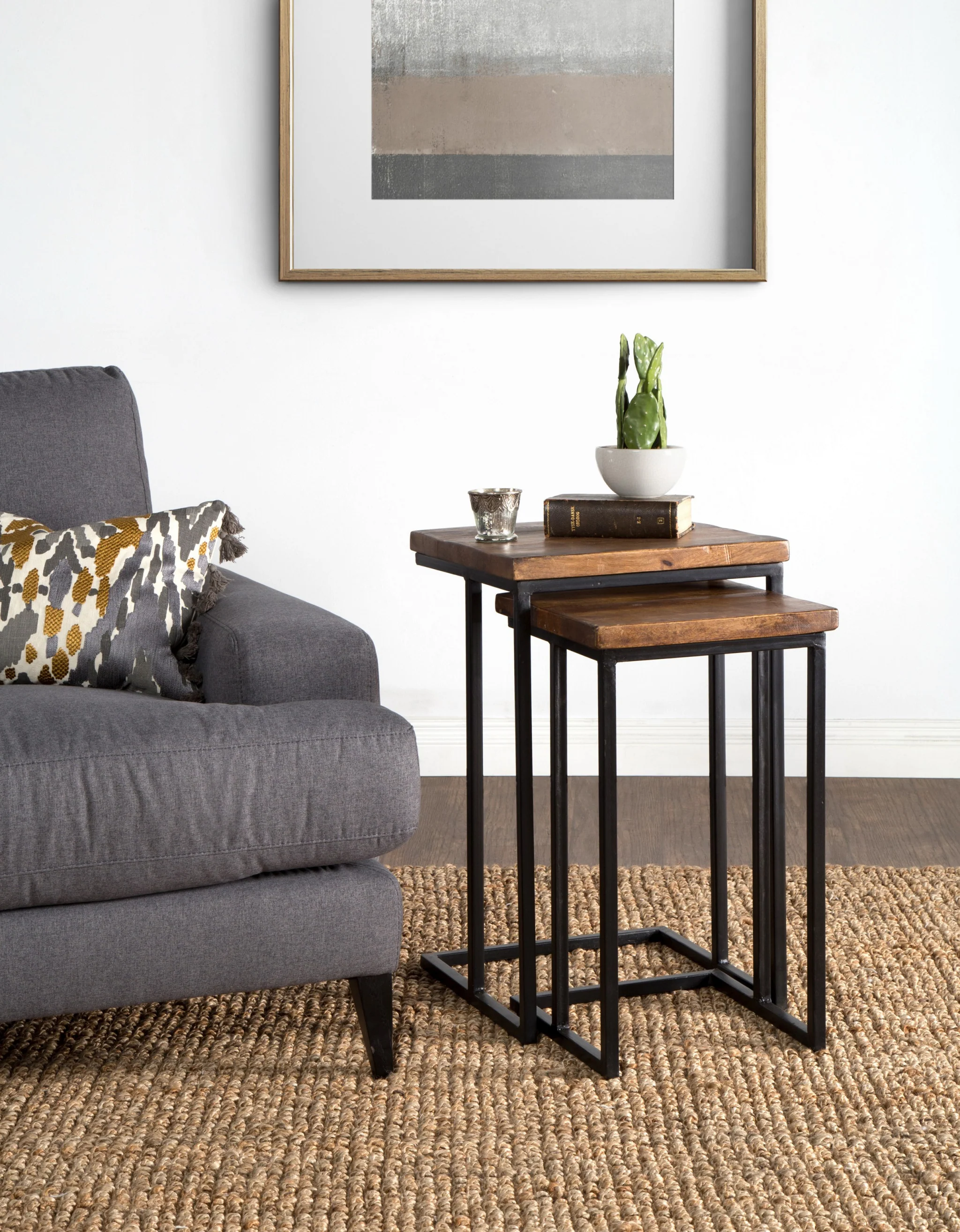 Set of Two 26" Black and Mahogany Solid Wood Nested Tables By Homeroots - Image 5