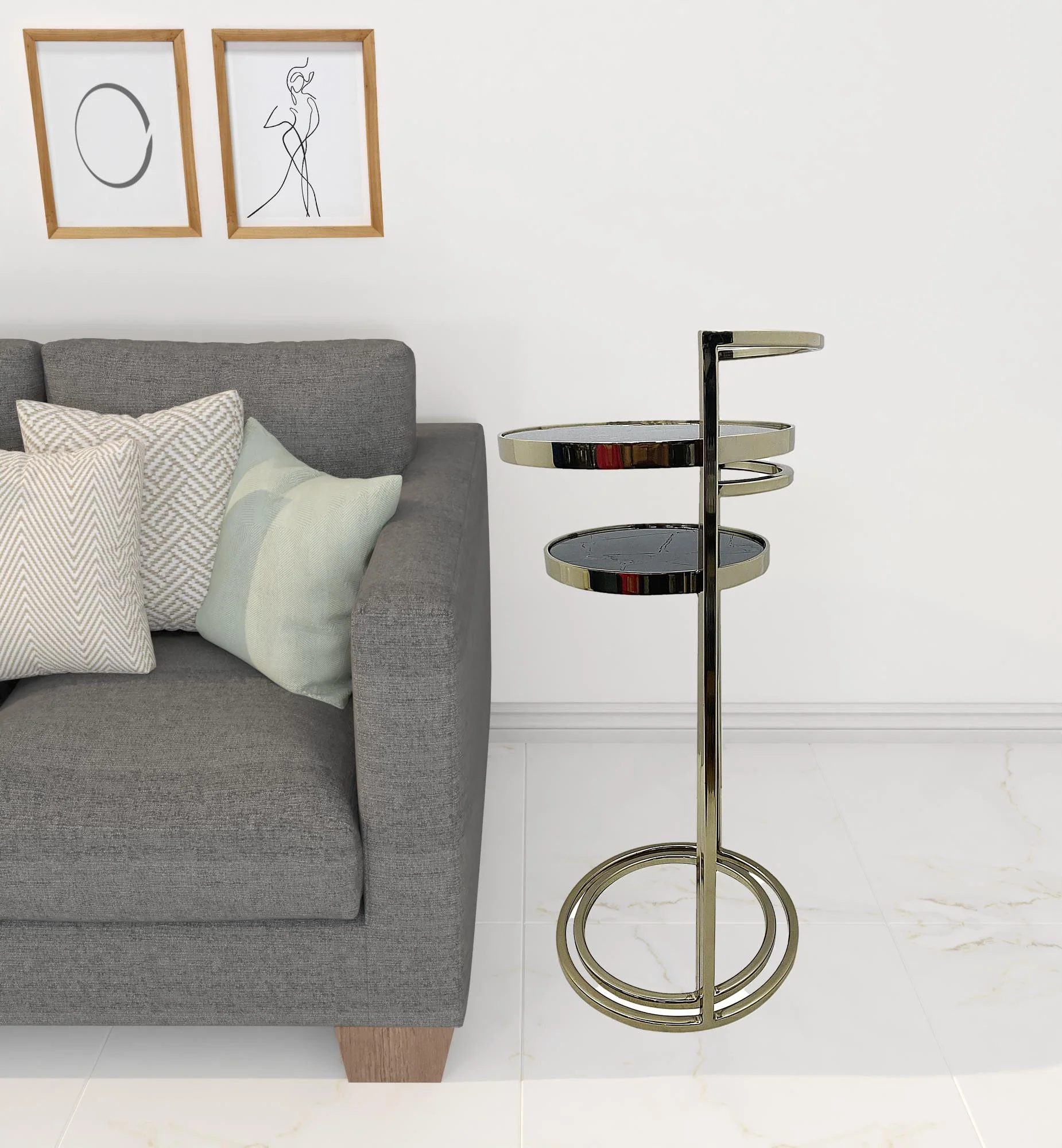 Set Of Two 27" Gold And Black Stone Round Nested Tables By Homeroots - Image 2