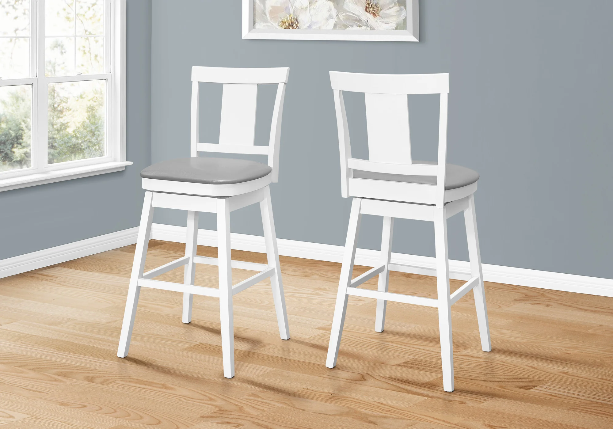 Set Of Two 28" Gray And White Faux Leather And Solid Wood Swivel Counter Height Bar Chairs With Footrest By Homeroots - Image 3