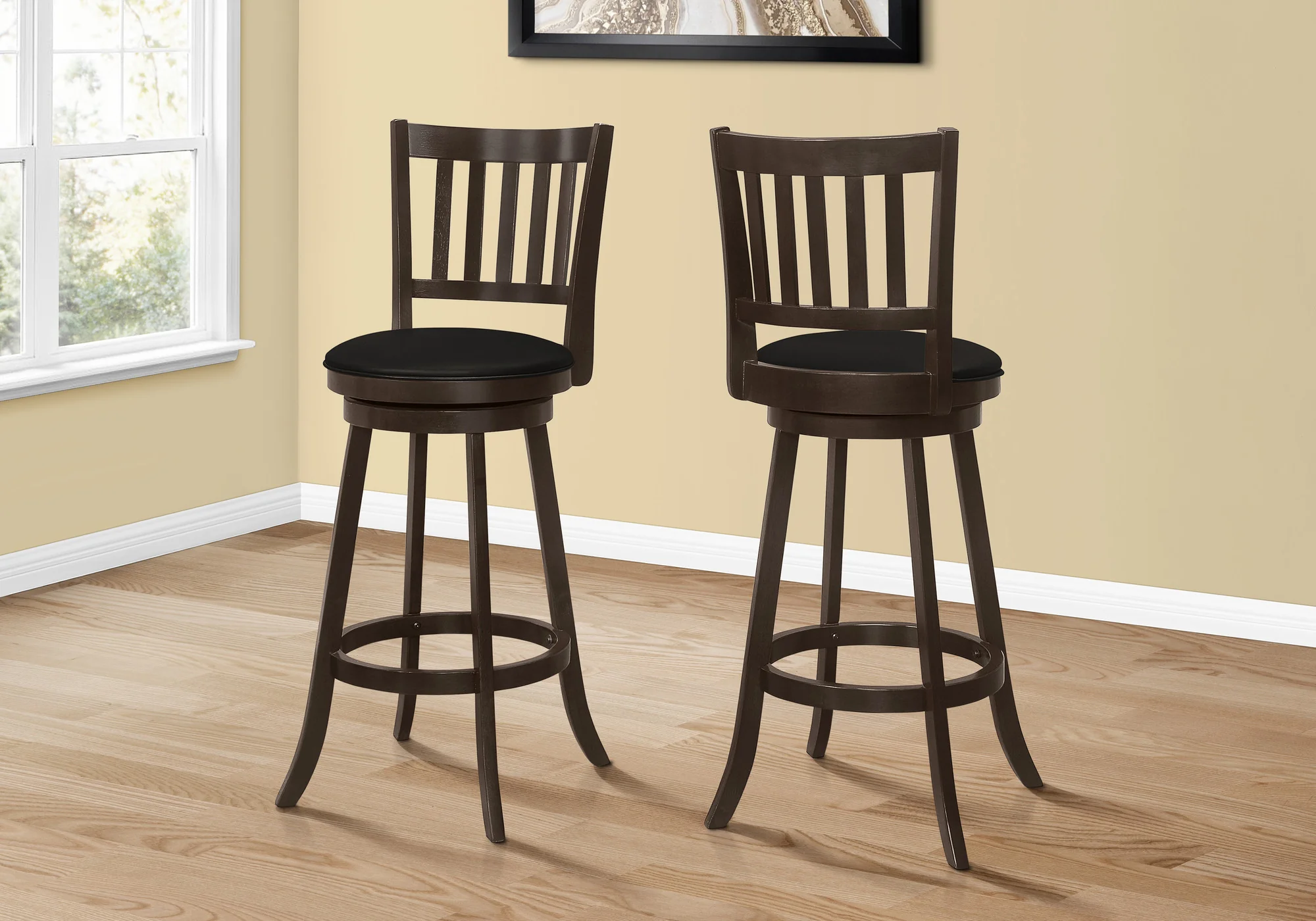 Set Of Two 29" Black And Espresso Faux Leather And Solid Wood Swivel Bar Height Bar Chairs With Footrest By Homeroots - Image 3