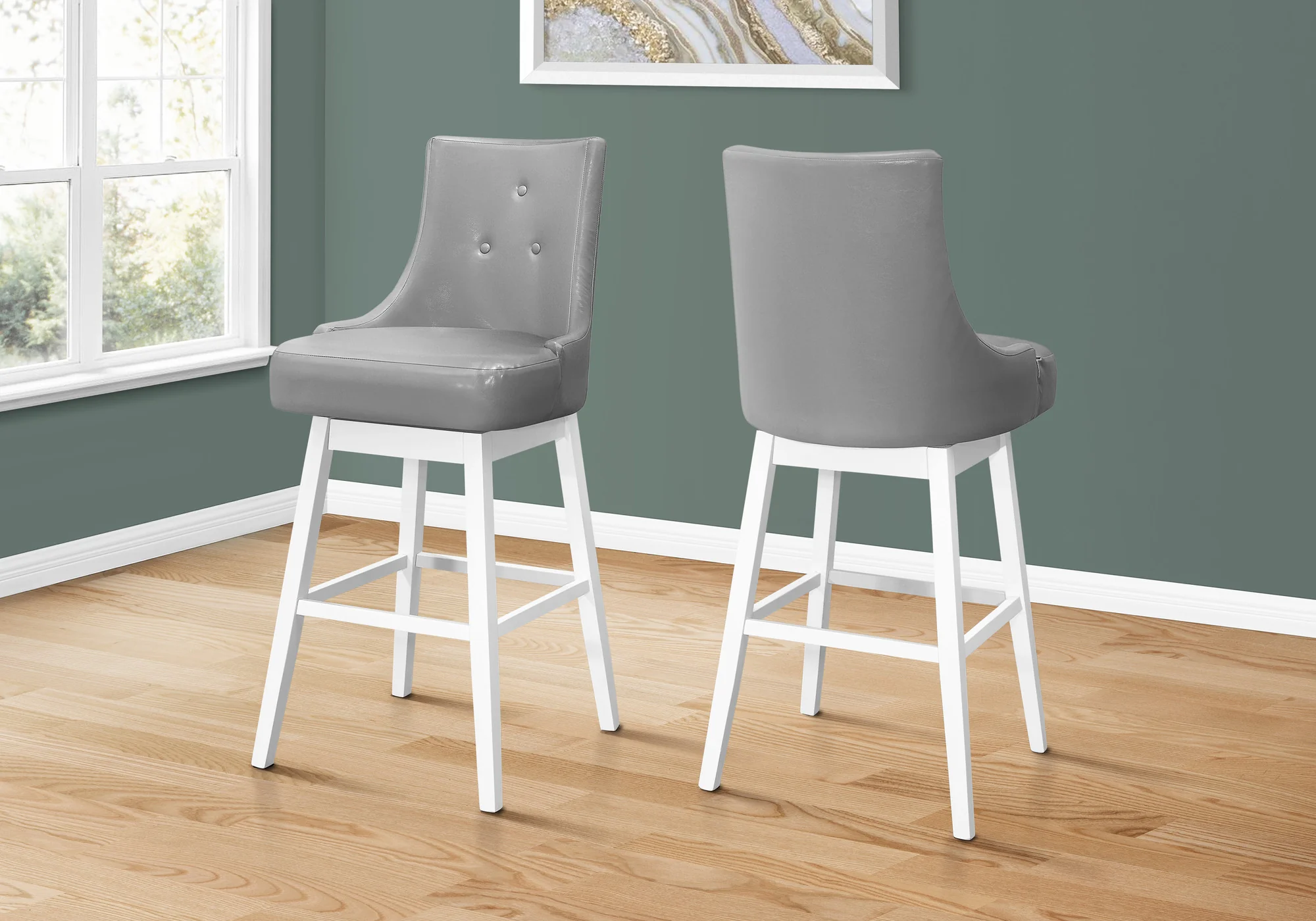 Set Of Two 29" Gray And White Faux Leather And Solid Wood Swivel Bar Height Bar Chairs With Footrest By Homeroots - Image 3