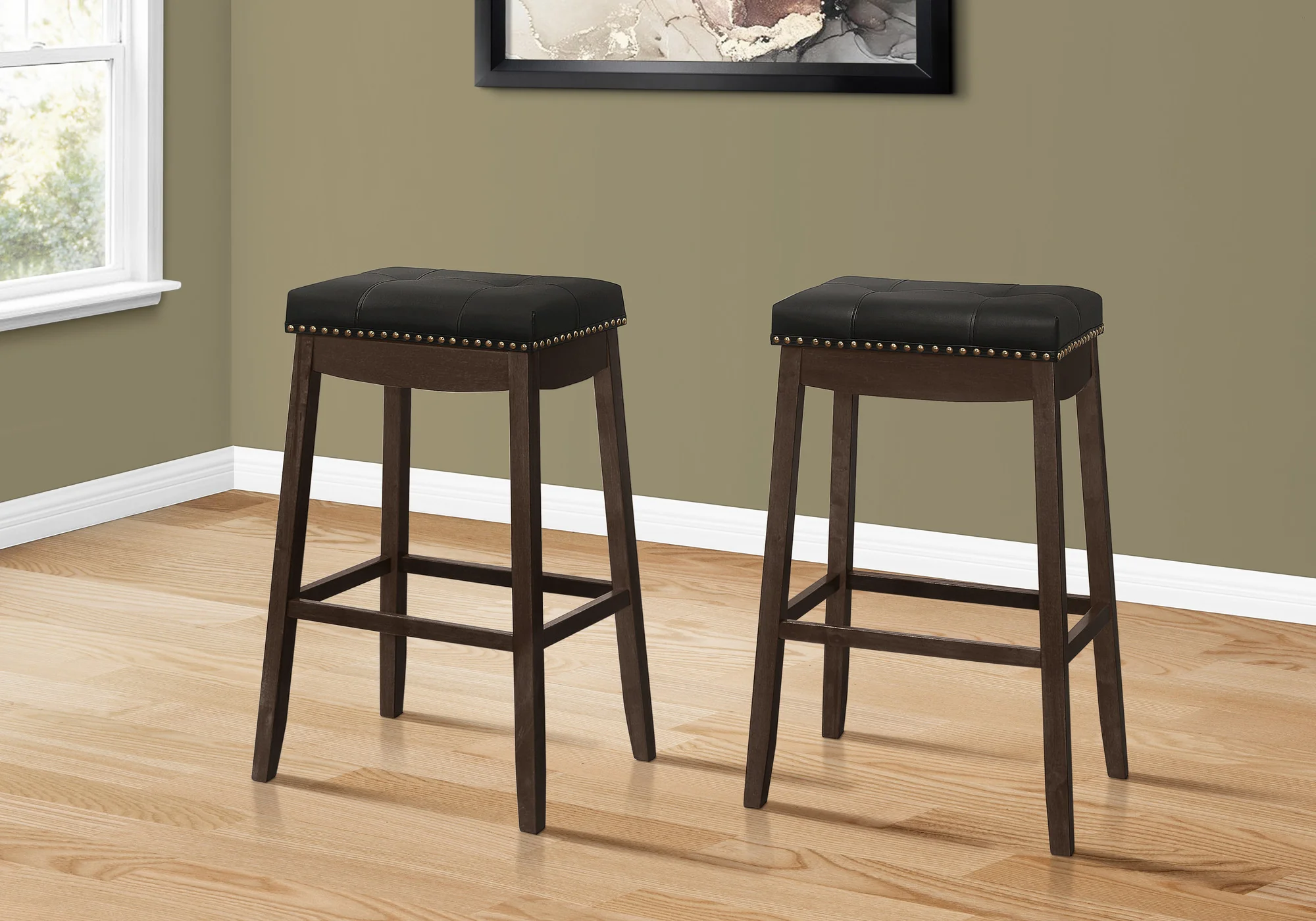 Set Of Two 30" Black And Espresso Faux Leather And Solid Wood Backless Bar Height Bar Chairs With Footrest By Homeroots - Image 3