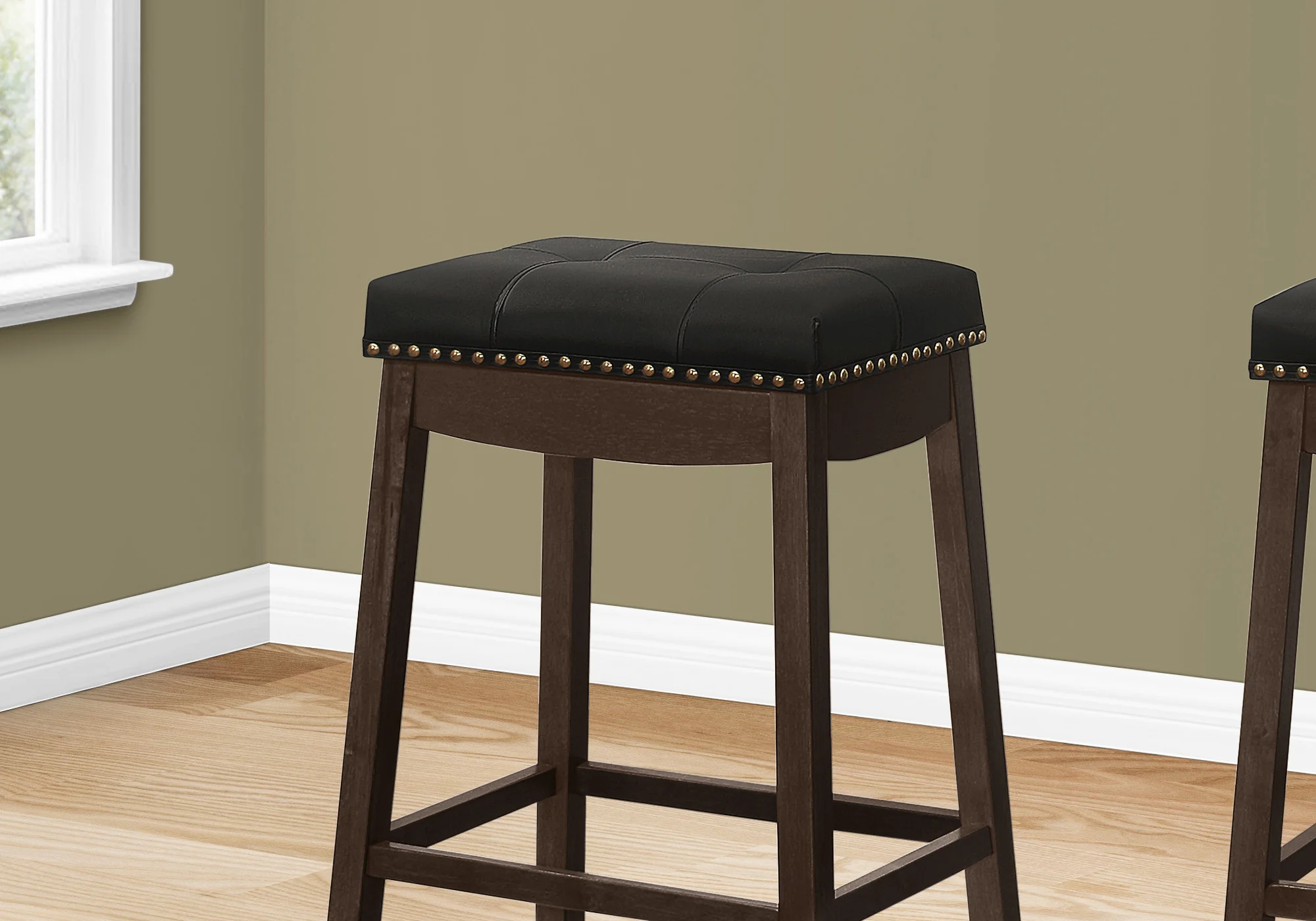 Set Of Two 30" Black And Espresso Faux Leather And Solid Wood Backless Bar Height Bar Chairs With Footrest By Homeroots - Image 4