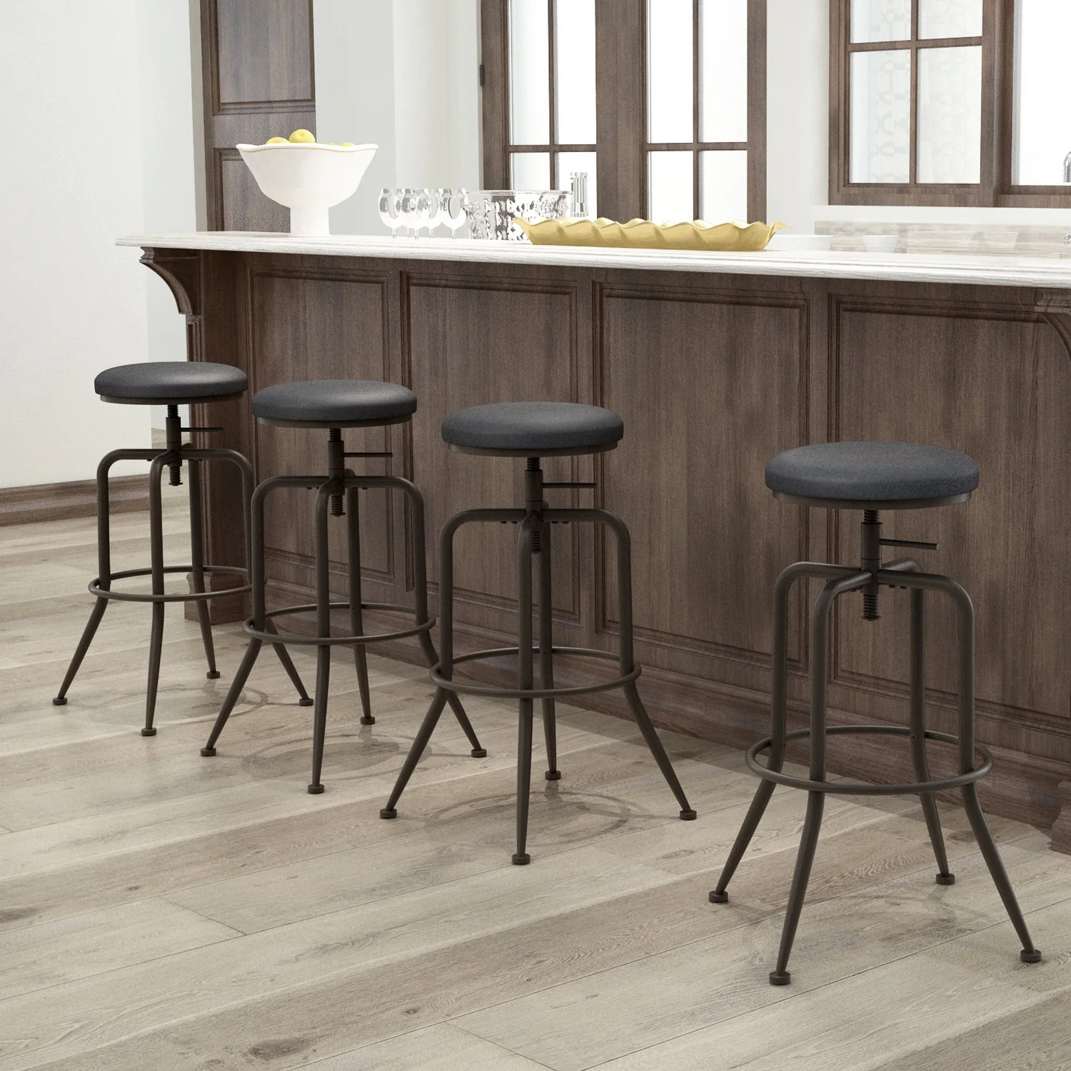 Set Of Two 30" Brown And Black Steel Swivel Backless Bar Chairs With Footrest By Homeroots - Image 3