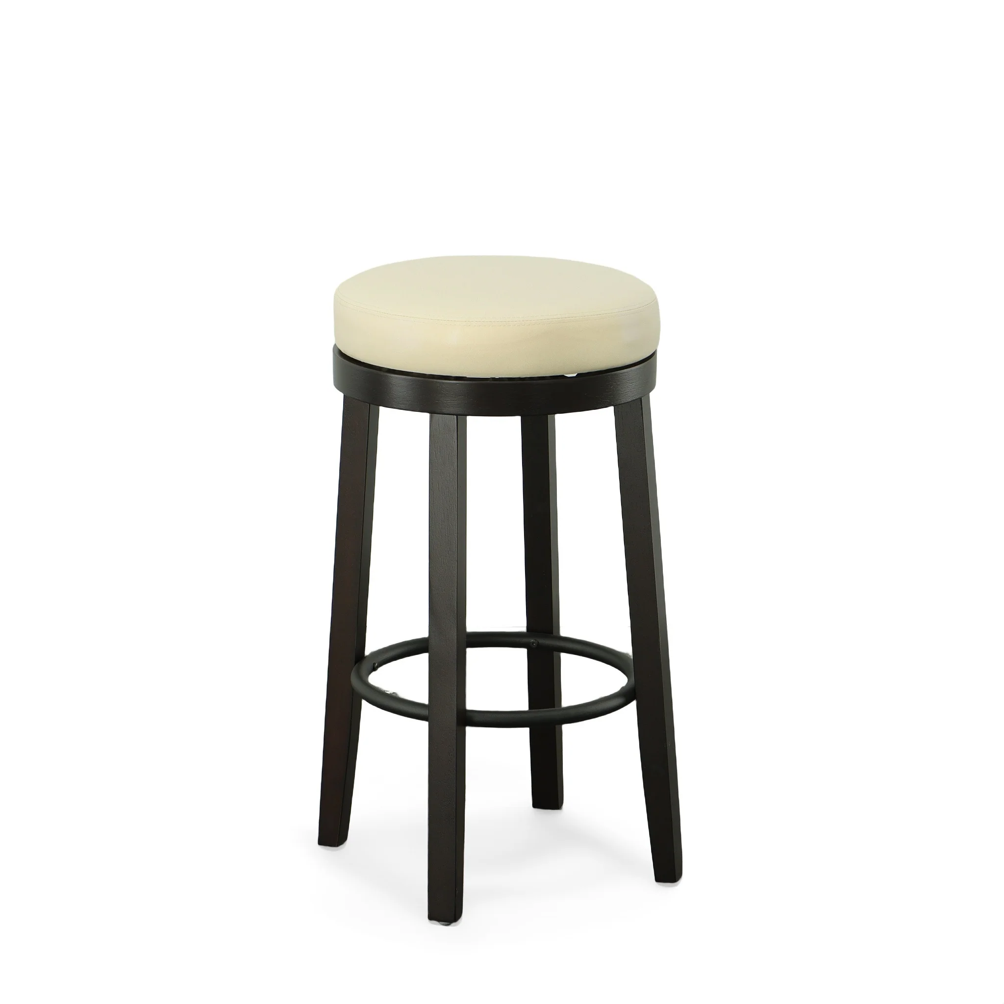 Set Of Two 30" Cream And Espresso Faux Leather And Solid Wood Swivel Backless Bar Height Bar Chairs With Footrest By Homeroots - Image 2