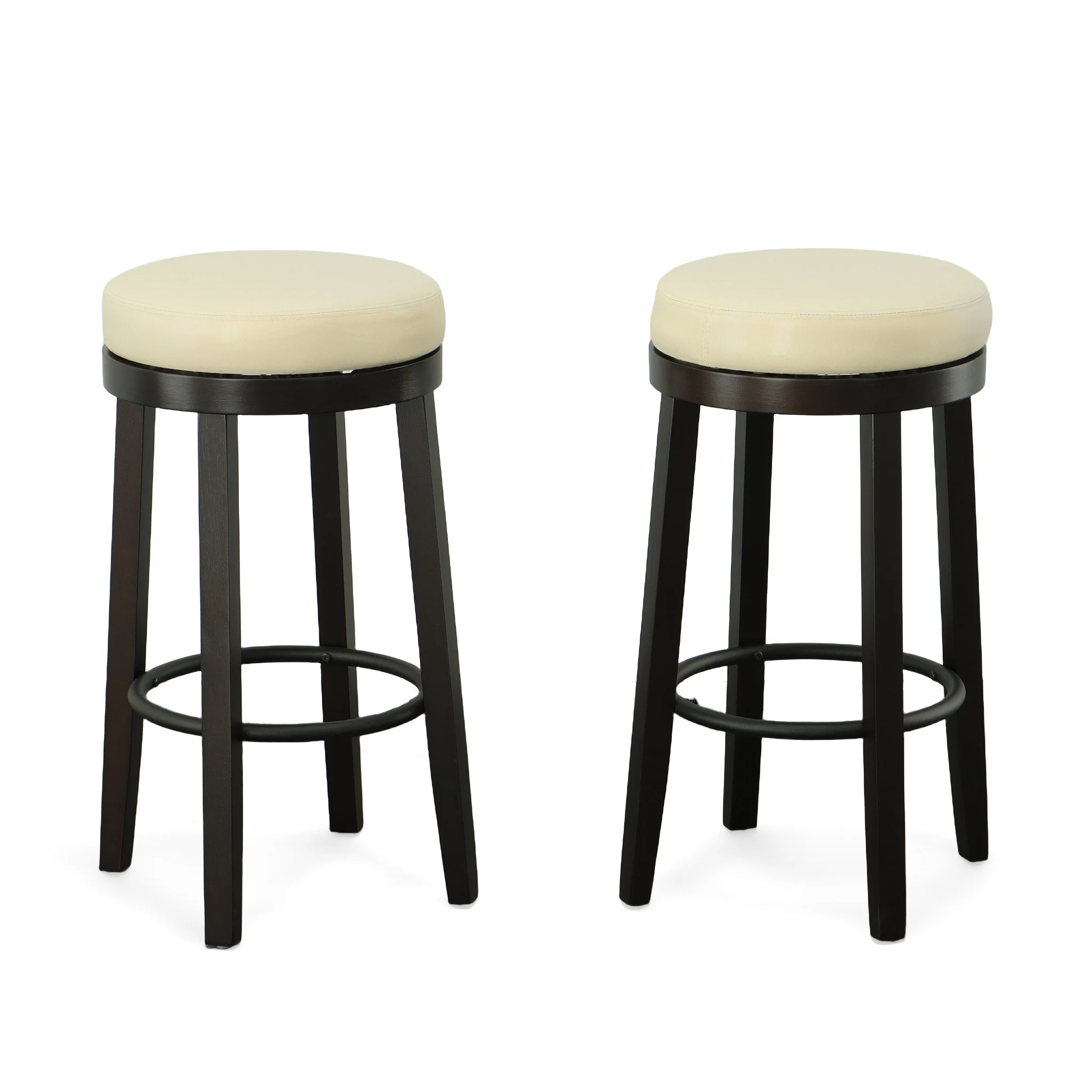 Set Of Two 30" Cream And Espresso Faux Leather And Solid Wood Swivel Backless Bar Height Bar Chairs With Footrest By Homeroots - Image 4