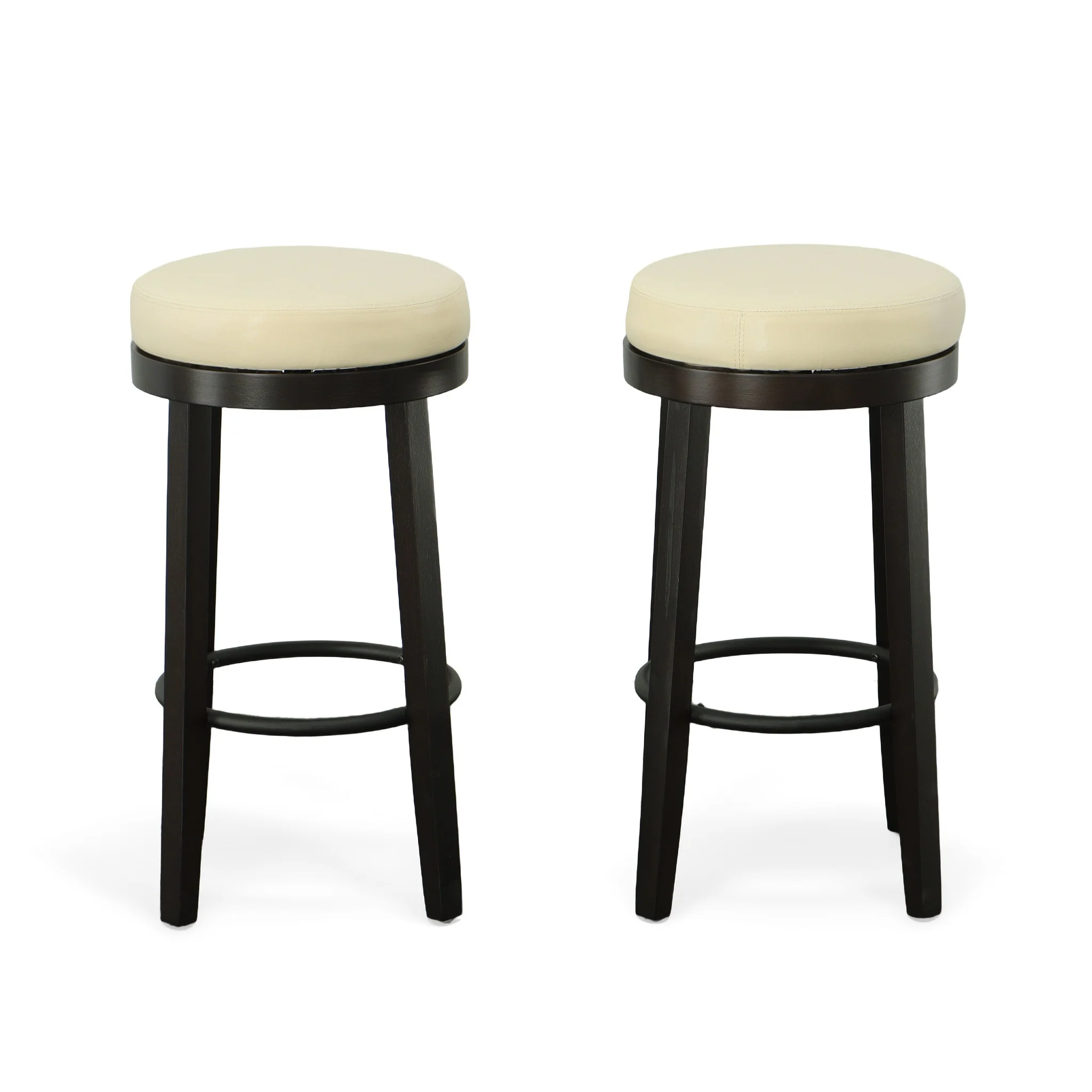 Set Of Two 30" Cream And Espresso Faux Leather And Solid Wood Swivel Backless Bar Height Bar Chairs With Footrest By Homeroots - Image 5
