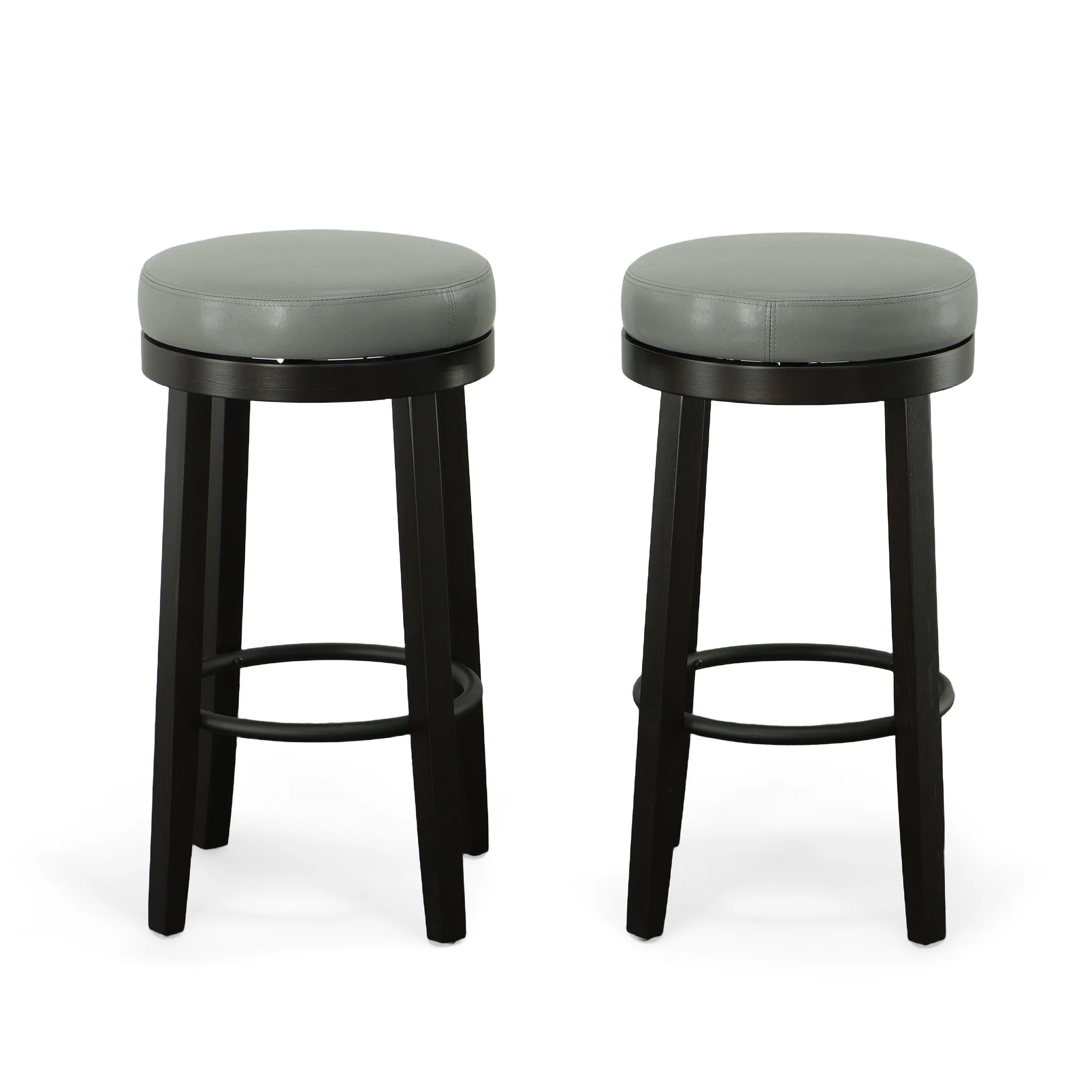 Set Of Two 30" Gray And Espresso Faux Leather And Solid Wood Swivel Backless Bar Height Bar Chairs With Footrest By Homeroots - Image 4
