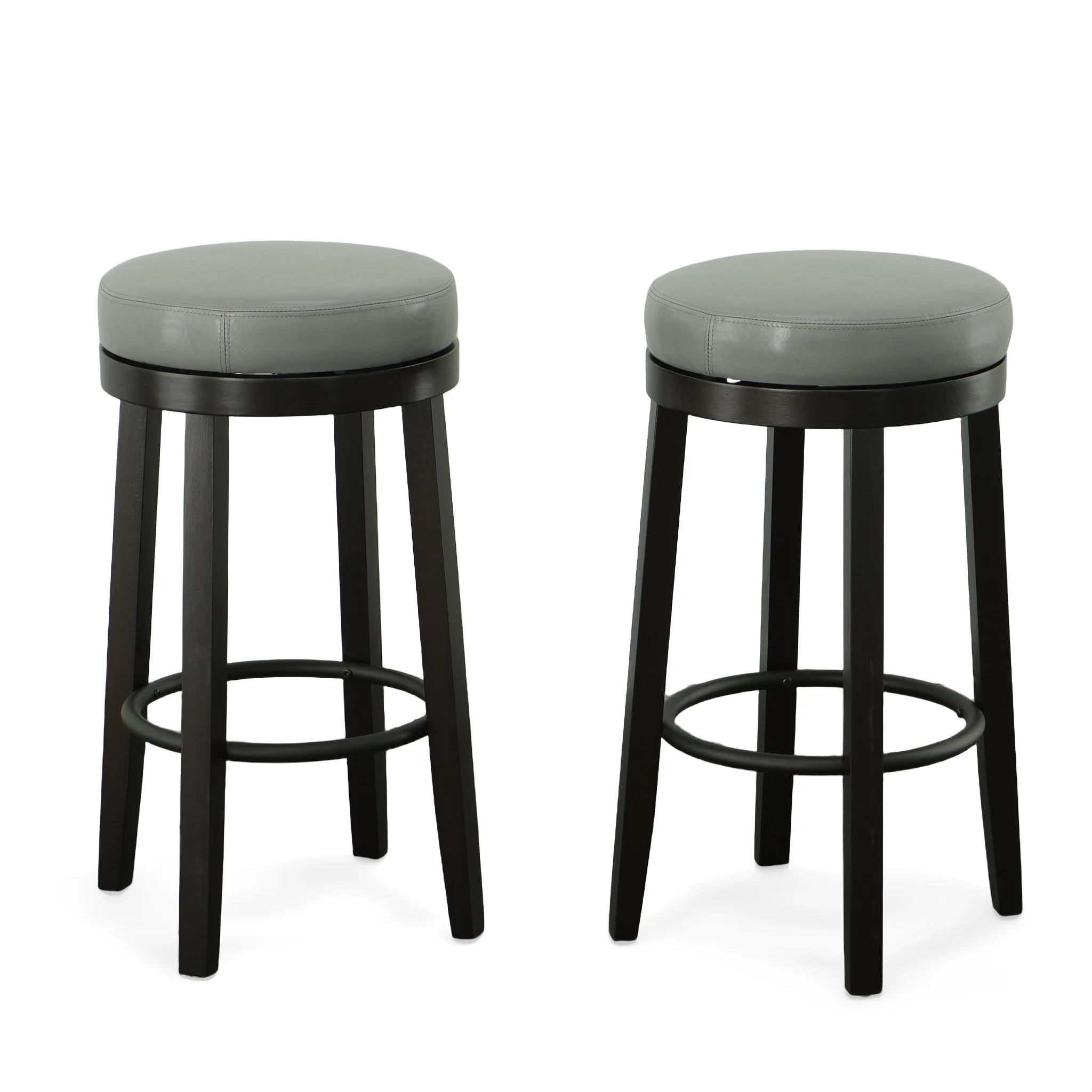 Set Of Two 30" Gray And Espresso Faux Leather And Solid Wood Swivel Backless Bar Height Bar Chairs With Footrest By Homeroots - Image 5