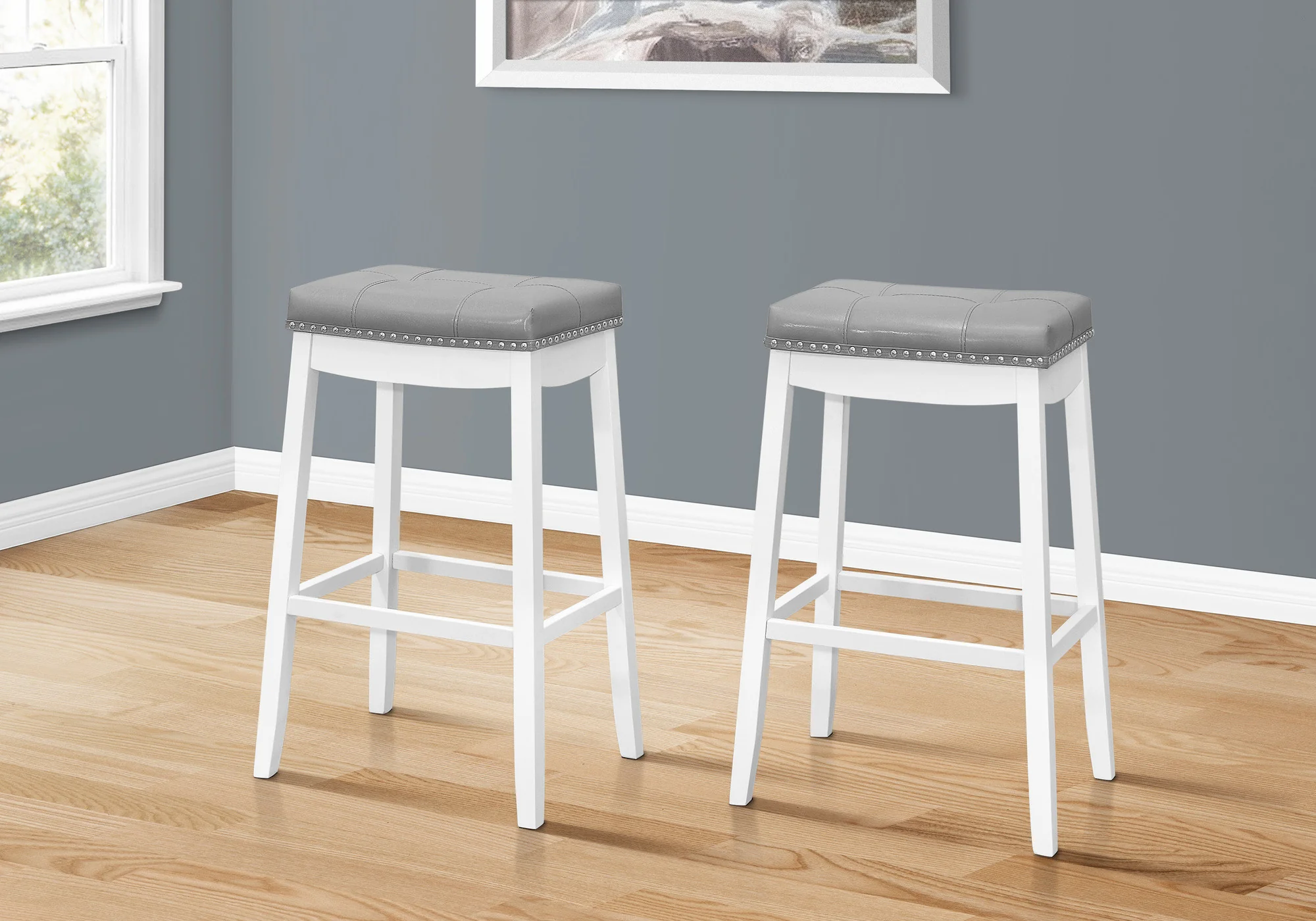 Set Of Two 30" Gray And White Faux Leather And Solid Wood Backless Bar Height Bar Chairs With Footrest By Homeroots - Image 3