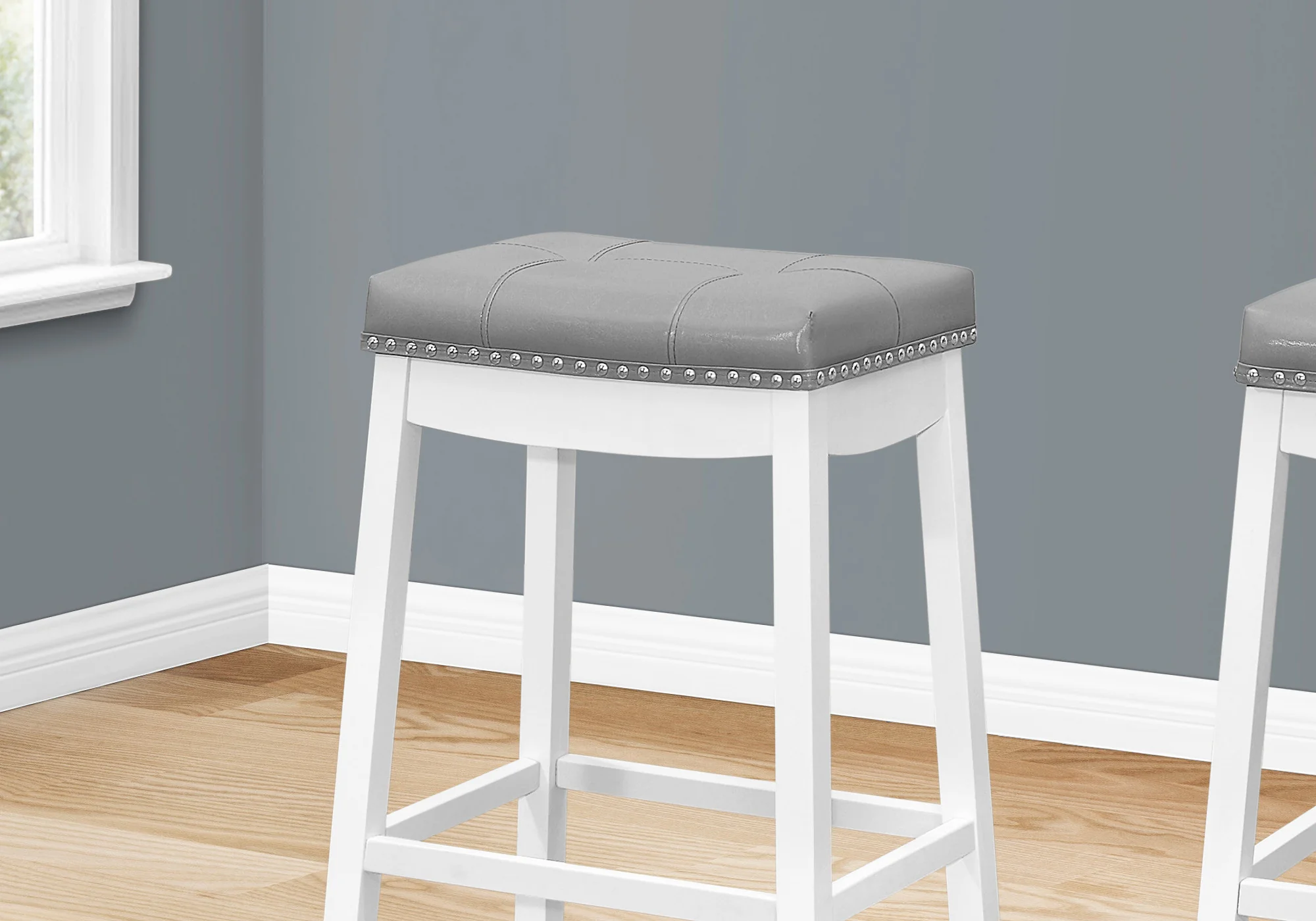 Set Of Two 30" Gray And White Faux Leather And Solid Wood Backless Bar Height Bar Chairs With Footrest By Homeroots - Image 4