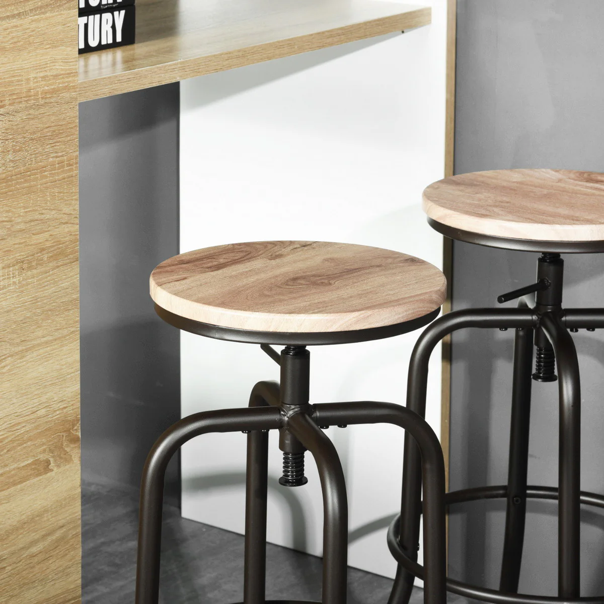 Set Of Two 30" Natural And Black Steel Swivel Backless Bar Chairs With Footrest By Homeroots - Image 8
