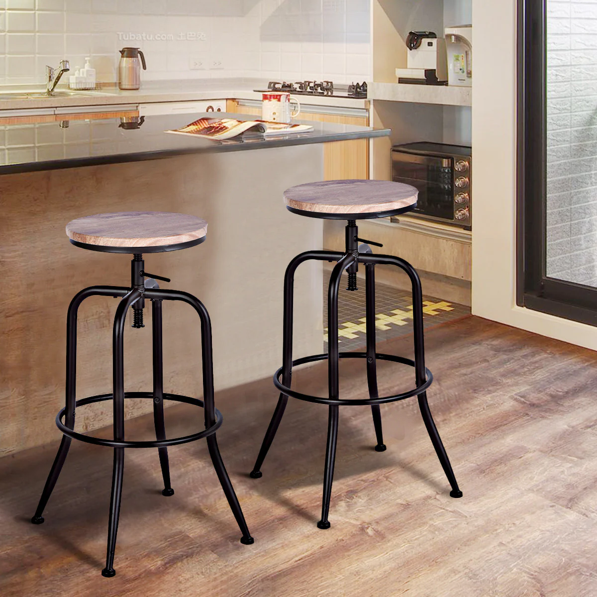 Set Of Two 30" Natural And Black Steel Swivel Backless Bar Chairs With Footrest By Homeroots - Image 9