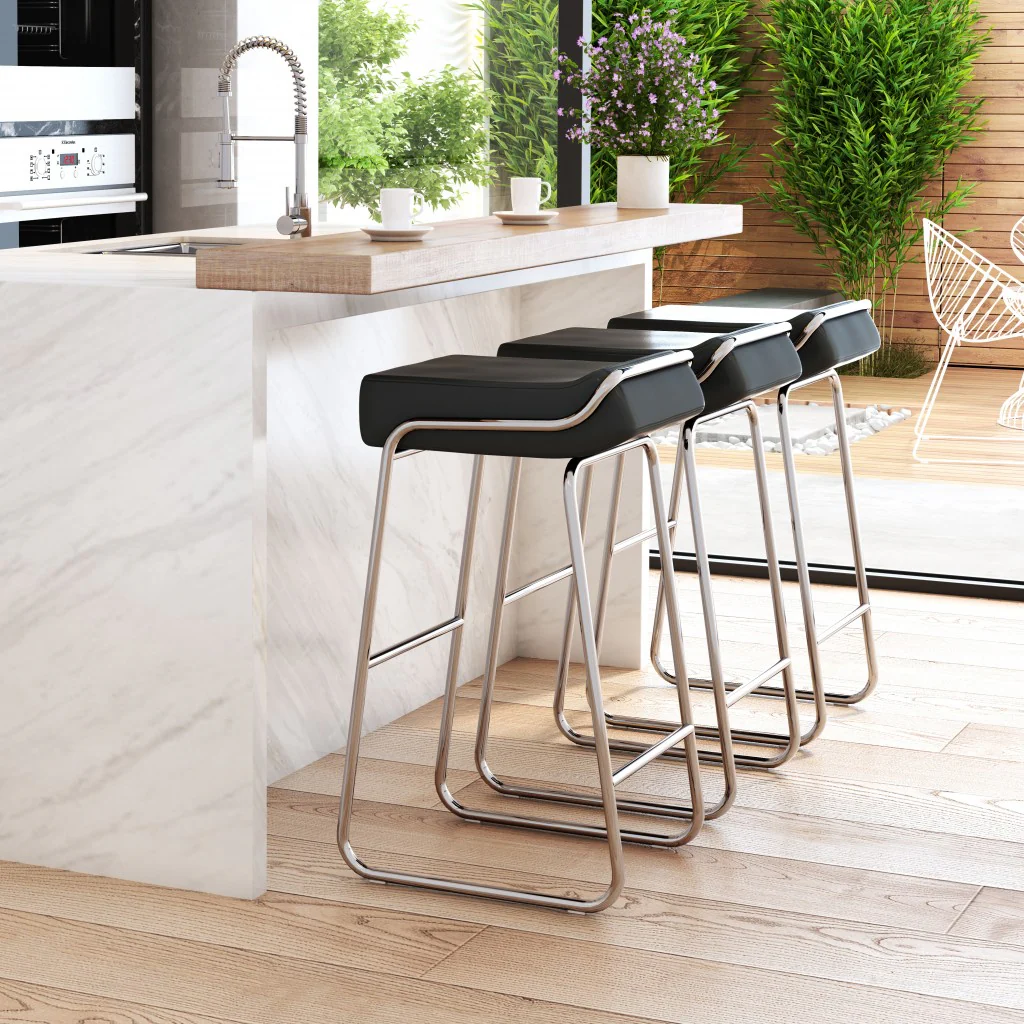 Set Of Two 33" Black Faux Leather And Chrome Backless Bar Height Chairs By Homeroots - Image 5