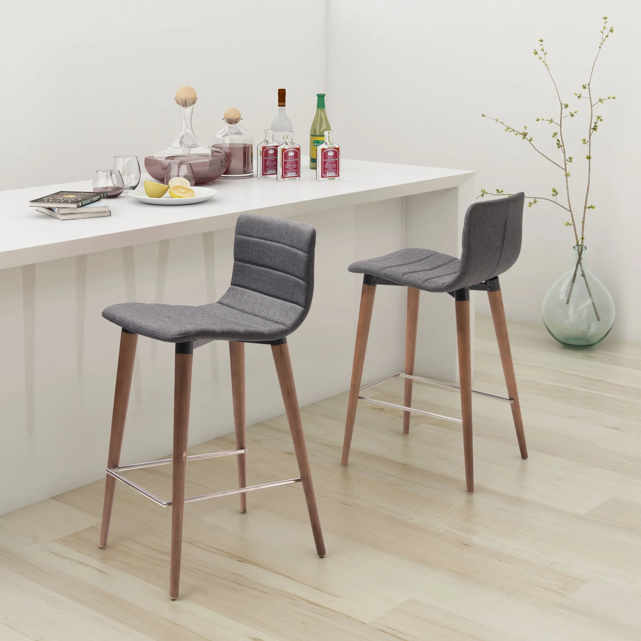 Set Of Two 34" Gray And Brown Solid Wood Low Back Counter Height Bar Chairs With Footrest By Homeroots - Image 6