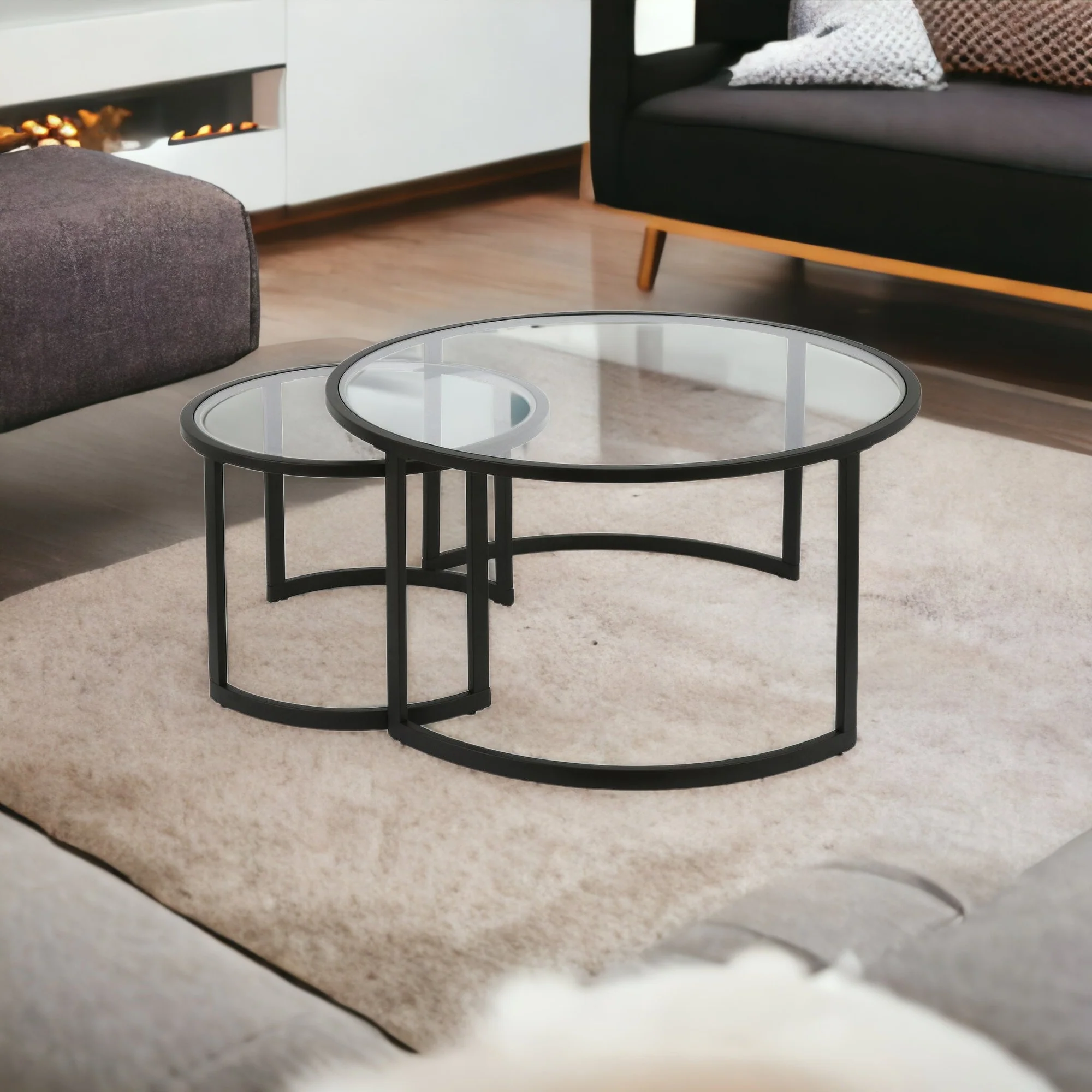Set Of Two 36" Black Glass Round Nested Coffee Tables By Homeroots - Image 4