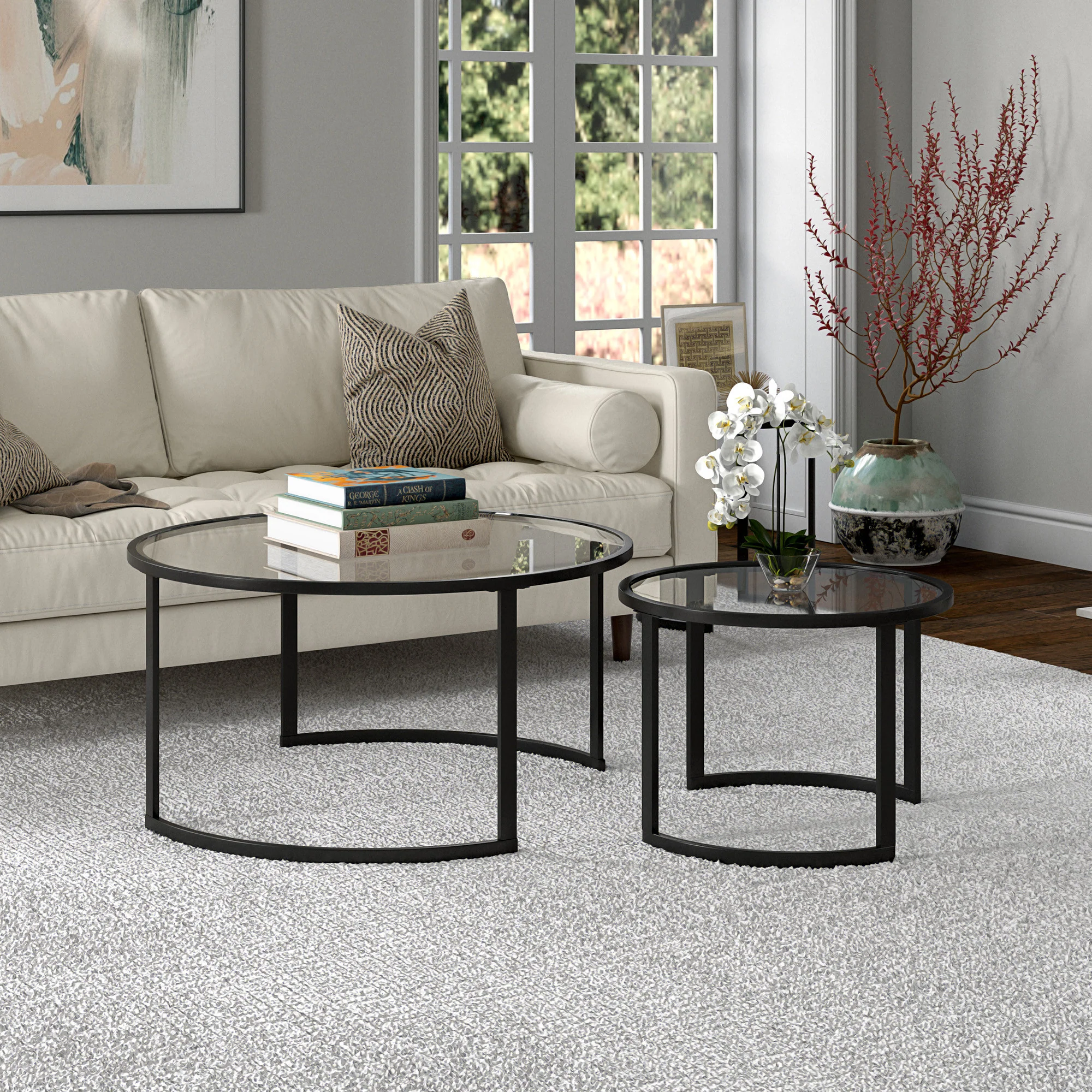 Set Of Two 36" Black Glass Round Nested Coffee Tables By Homeroots - Image 7