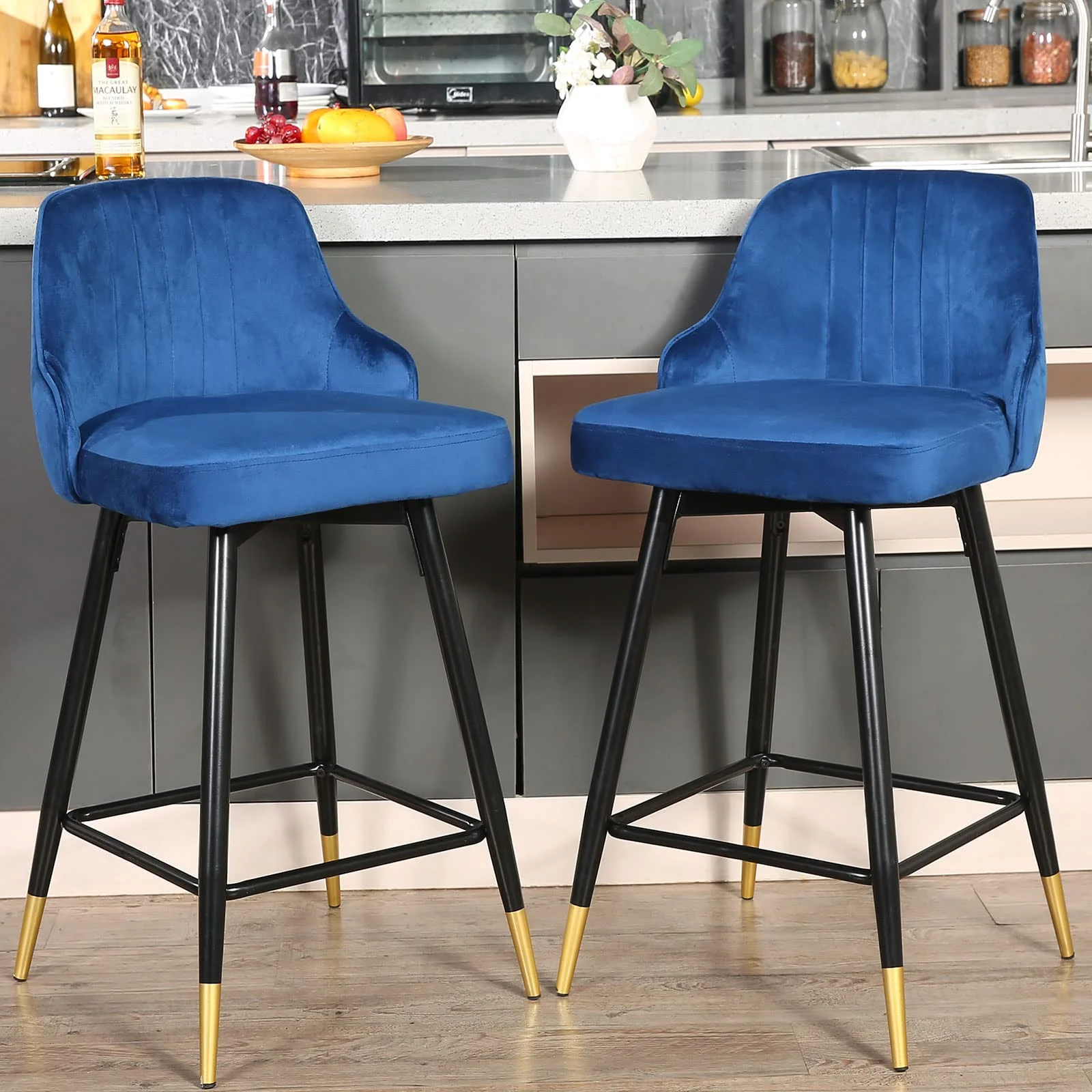Set Of Two 36" Blue Velvet And Black And Gold Iron Swivel Bar Height Chairs By Homeroots - Image 3