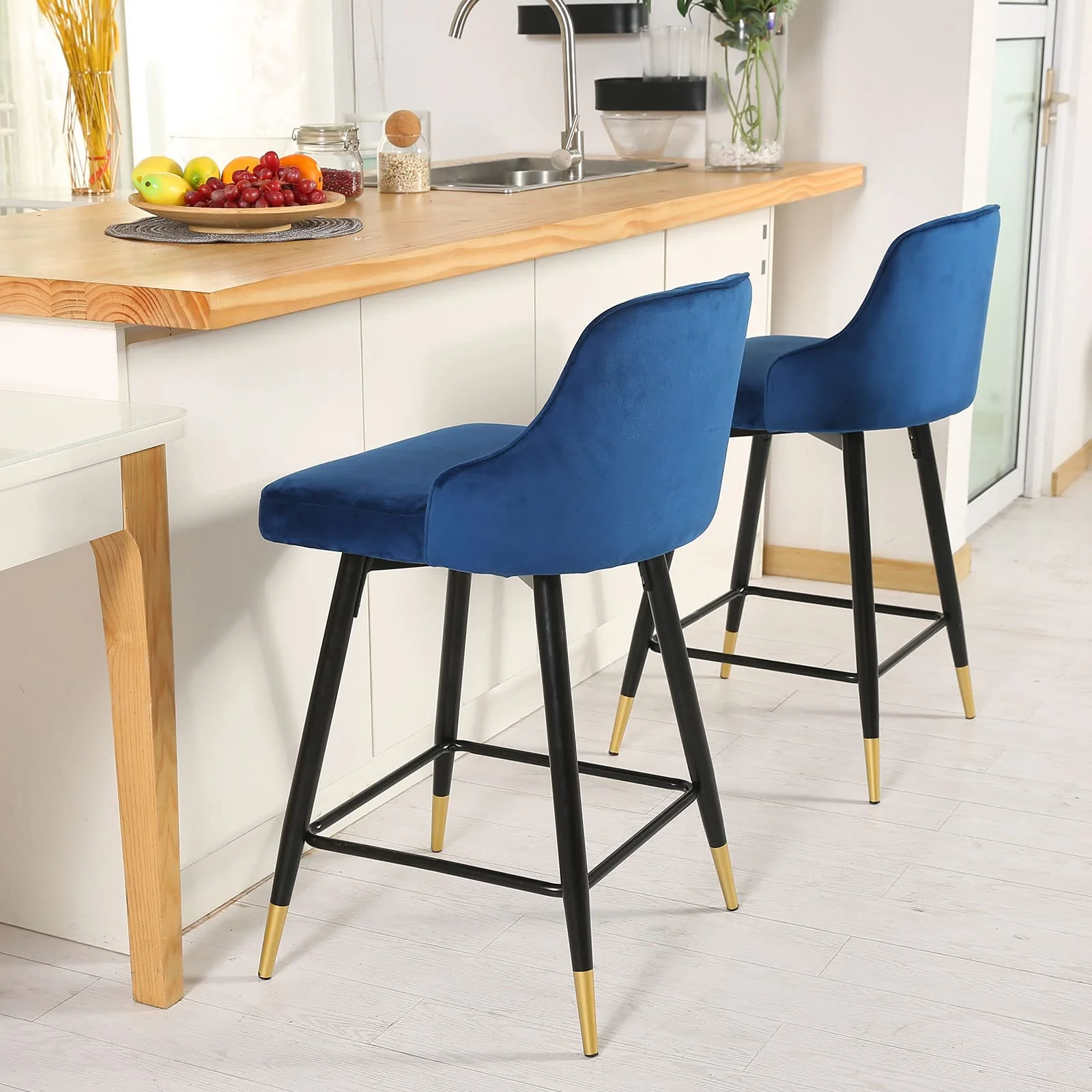 Set Of Two 36" Blue Velvet And Black And Gold Iron Swivel Bar Height Chairs By Homeroots - Image 4