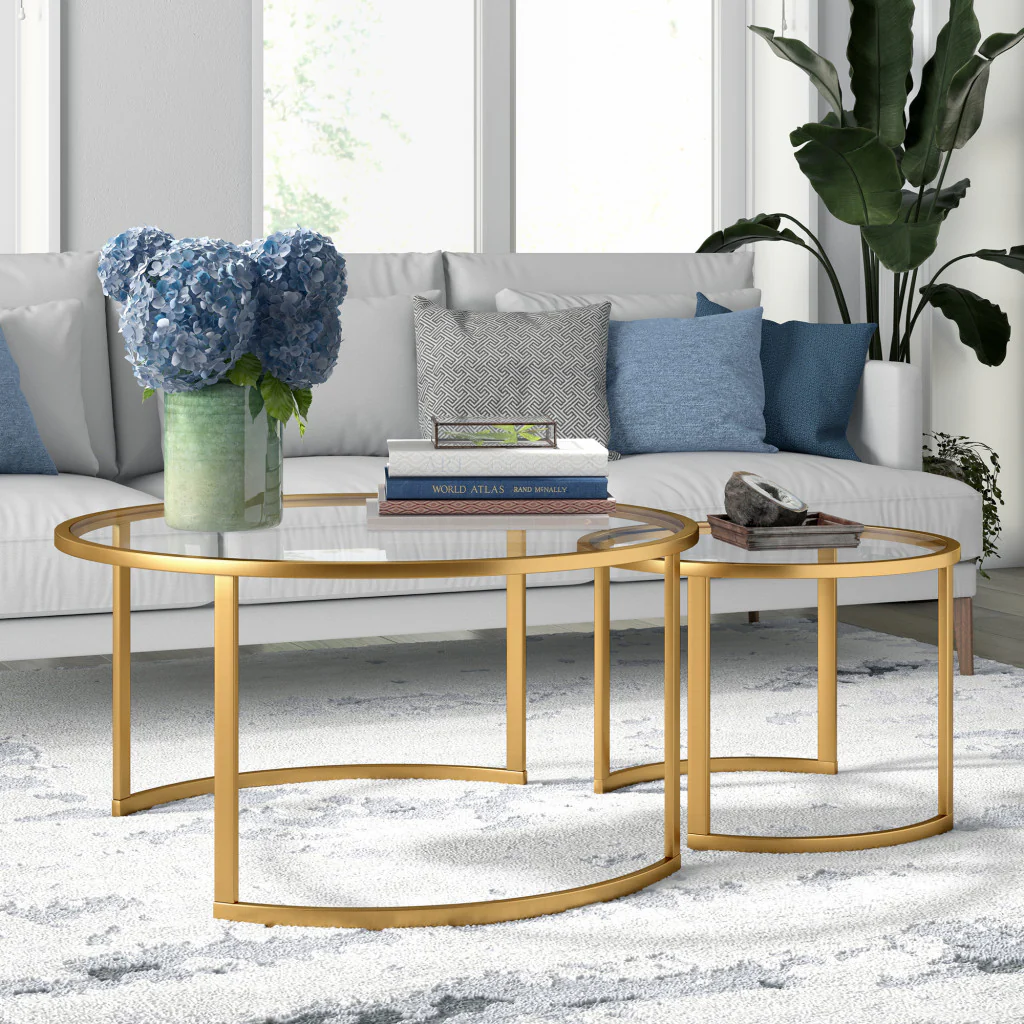 Set Of Two 36" Gold and Glass Round Nested Coffee Tables By Homeroots - Image 5