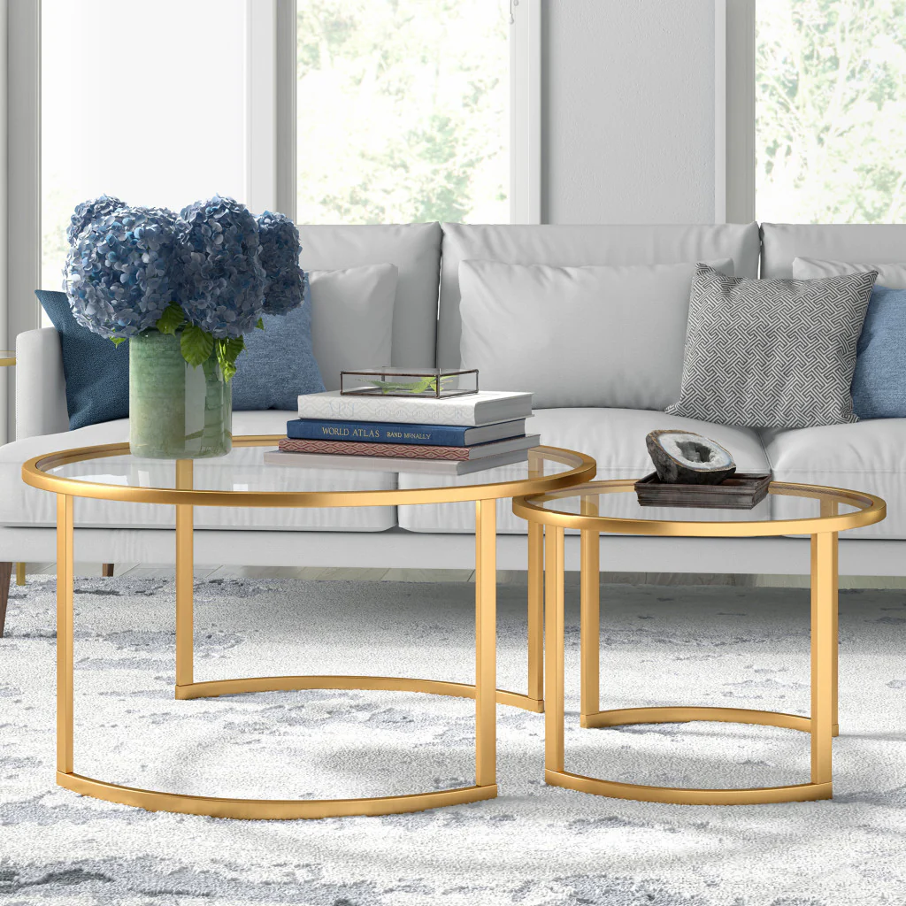 Set Of Two 36" Gold and Glass Round Nested Coffee Tables By Homeroots - Image 7