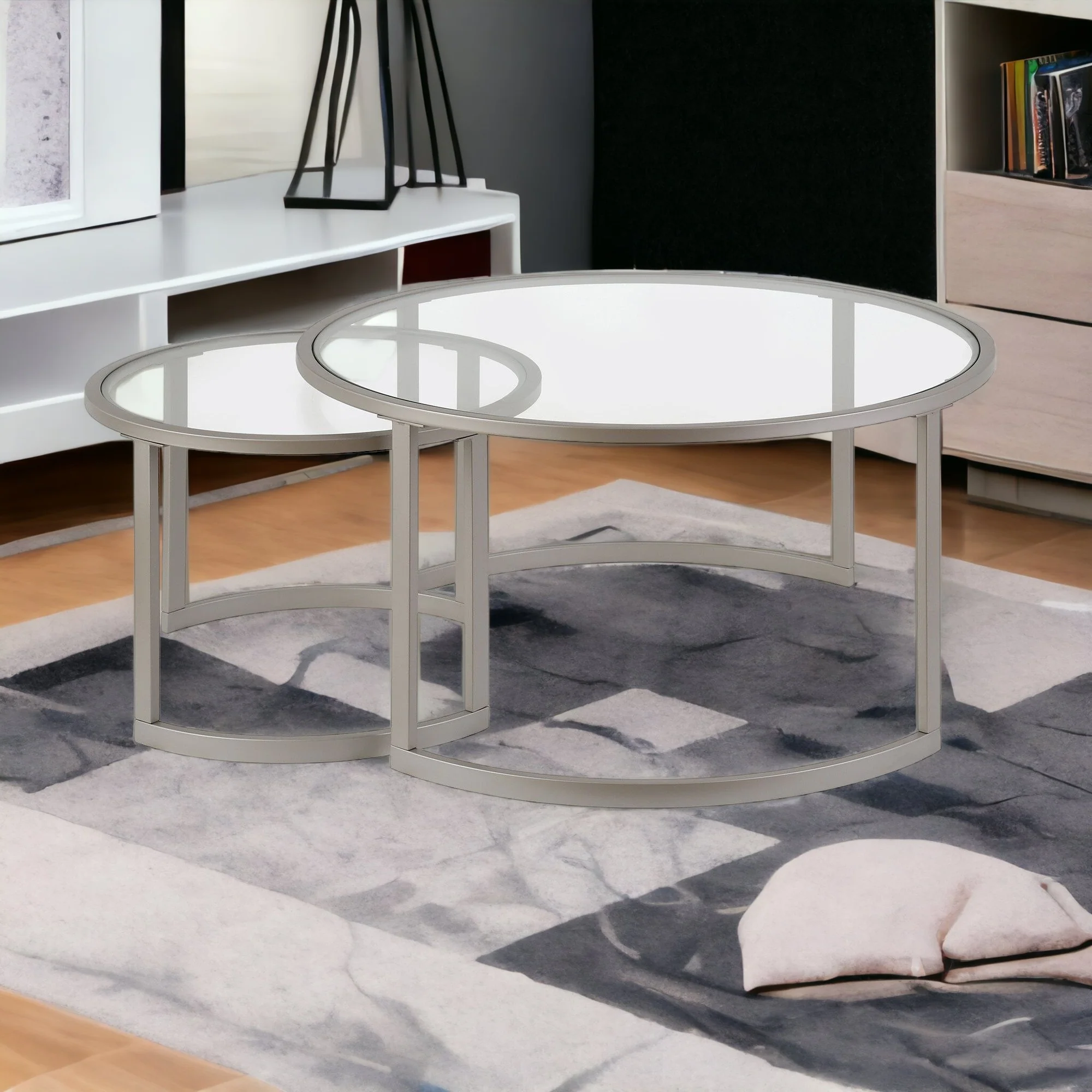 Set Of Two 36" Nickel and Glass Round Nested Coffee Tables By Homeroots - Image 4