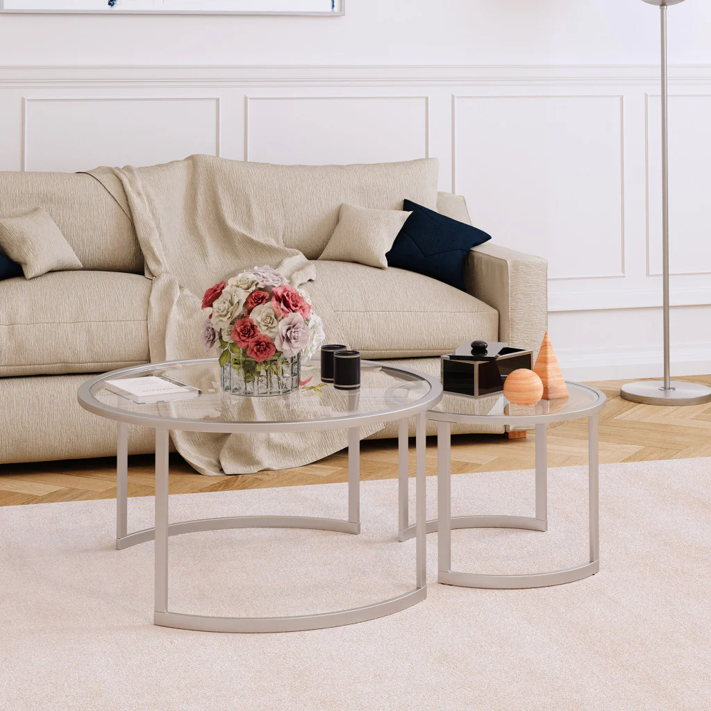 Set Of Two 36" Nickel and Glass Round Nested Coffee Tables By Homeroots - Image 5