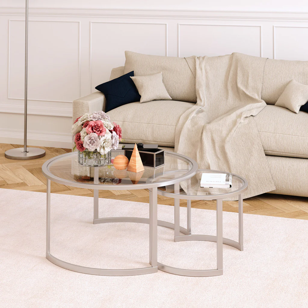 Set Of Two 36" Nickel and Glass Round Nested Coffee Tables By Homeroots - Image 7