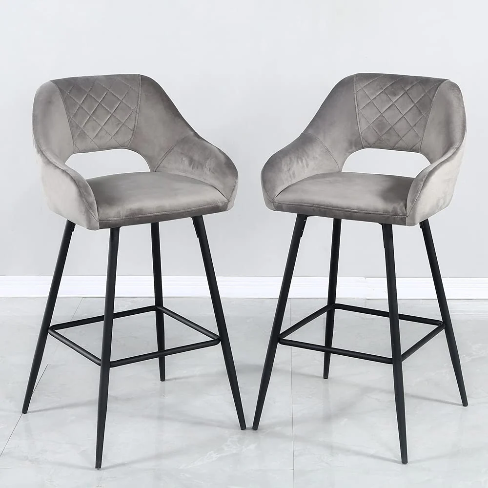 Set Of Two 38" Gray Velvet And Black Open Back Bar Height Chairs By Homeroots - Image 4