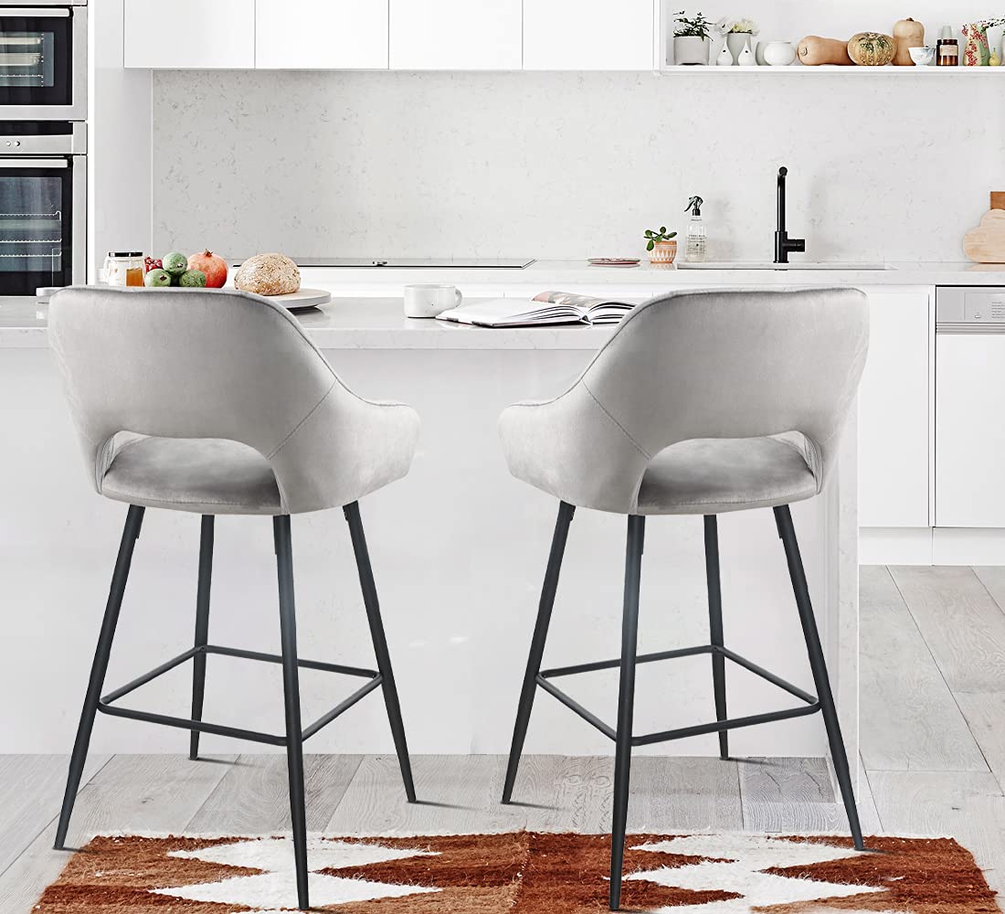 Set Of Two 38" Gray Velvet And Black Open Back Bar Height Chairs By Homeroots - Image 5
