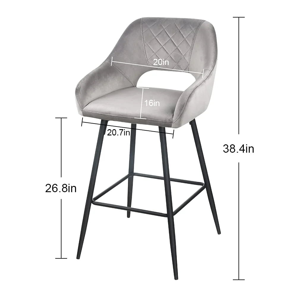 Set Of Two 38" Gray Velvet And Black Open Back Bar Height Chairs By Homeroots - Image 6