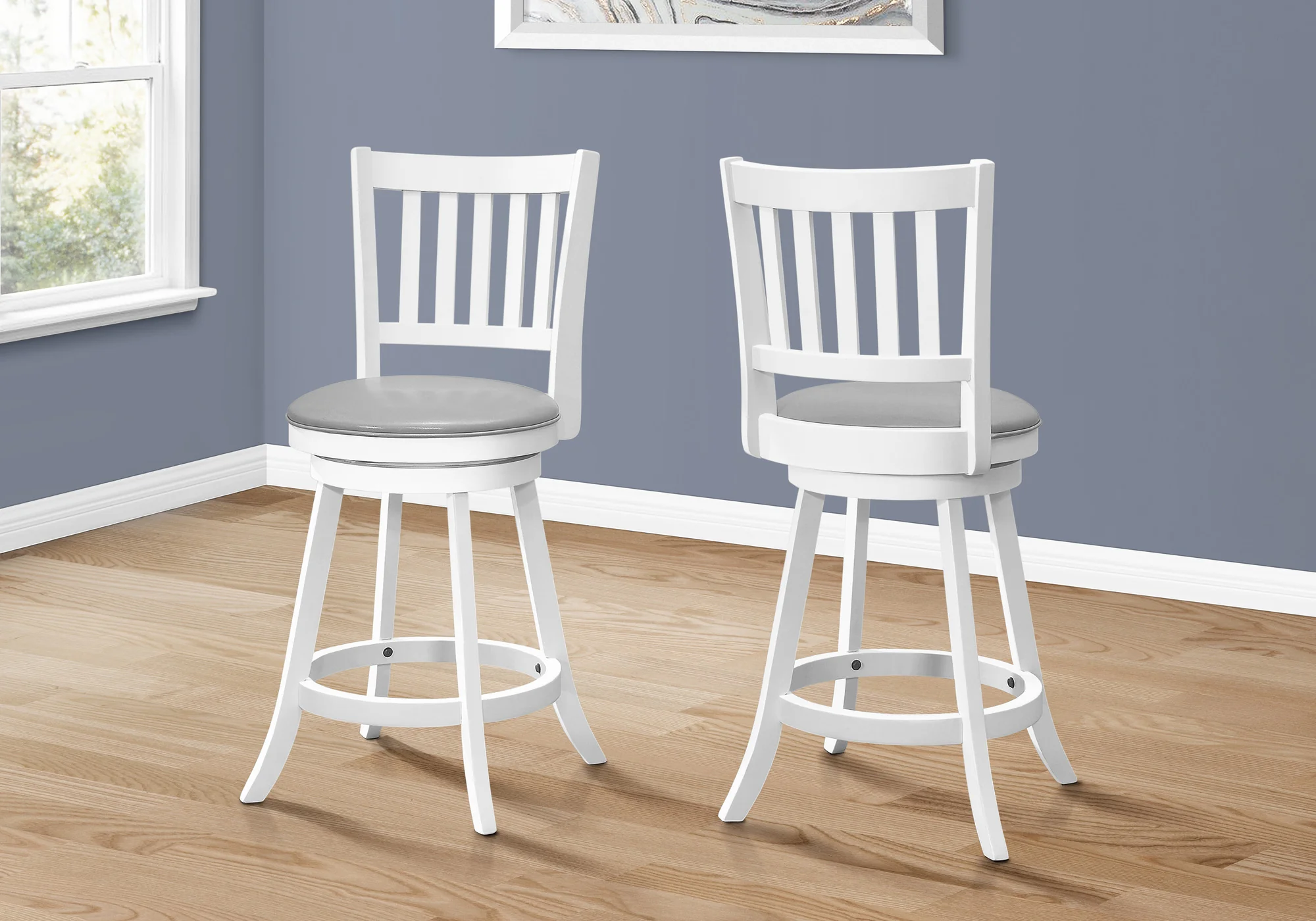 Set Of Two 38" Grey White Counter Height Swivel Full Back Bar Chairs By Homeroots - Image 2