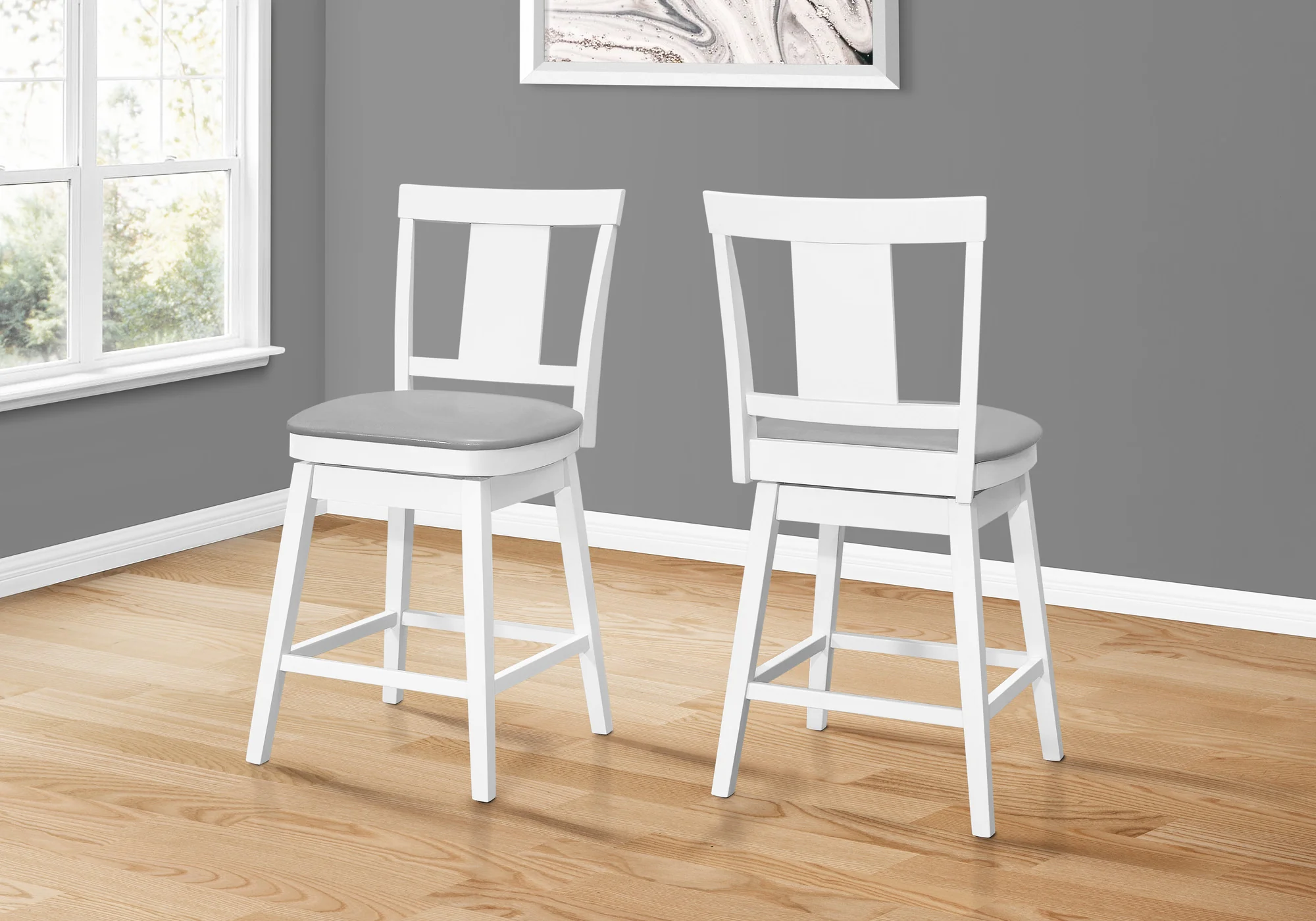 Set Of Two 39" Grey White Counter Height Swivel Full Back Bar Chairs By Homeroots - Image 2